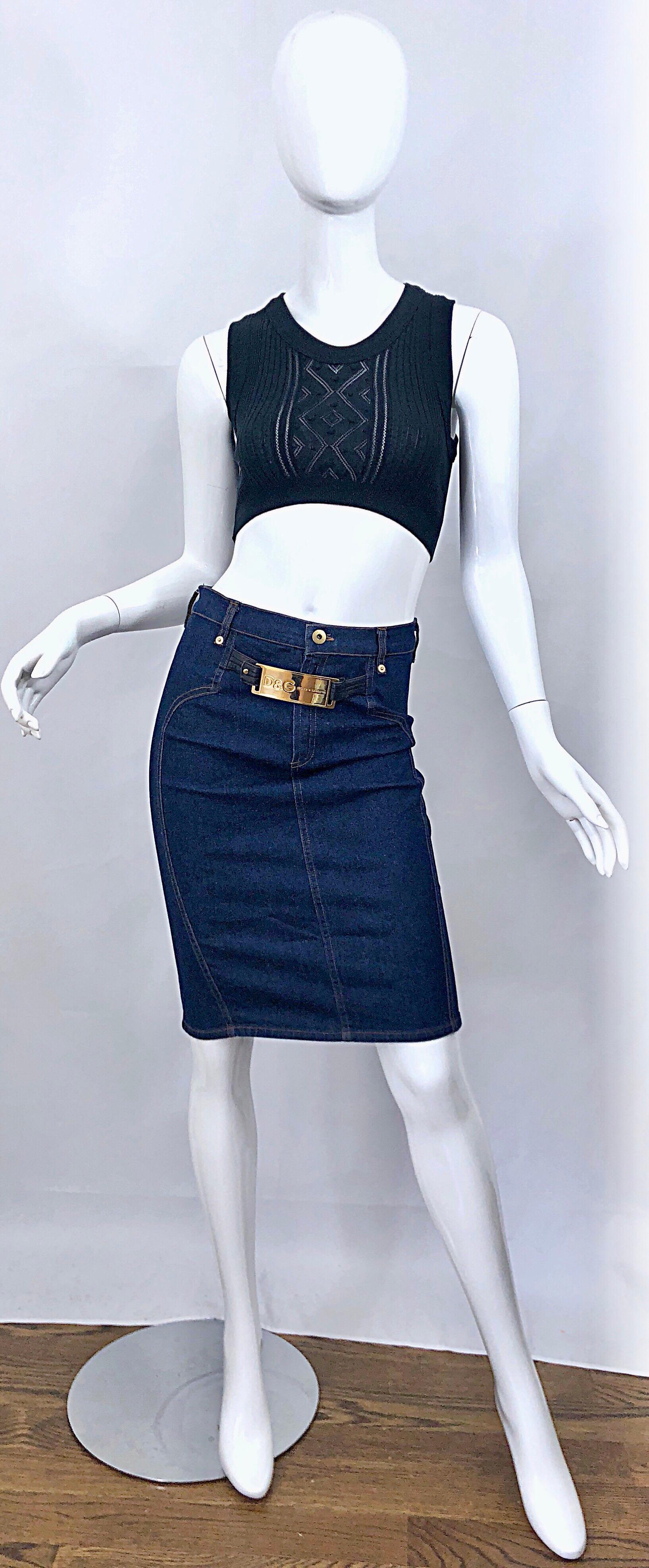 Vintage Dolce & Gabbana Blue Jean 1990s High Waisted 90s Bodcon Pencil Skirt For Sale 6