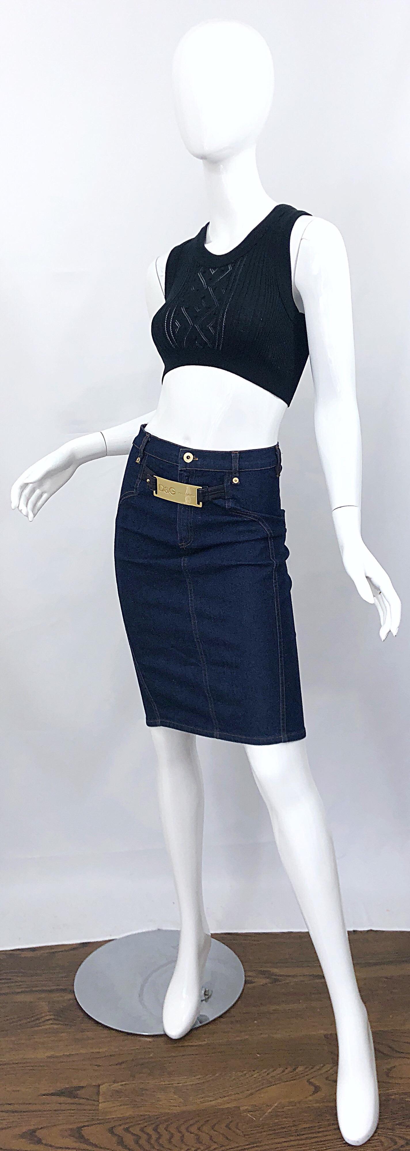 Vintage Dolce & Gabbana Blue Jean 1990s High Waisted 90s Bodcon Pencil Skirt For Sale 1