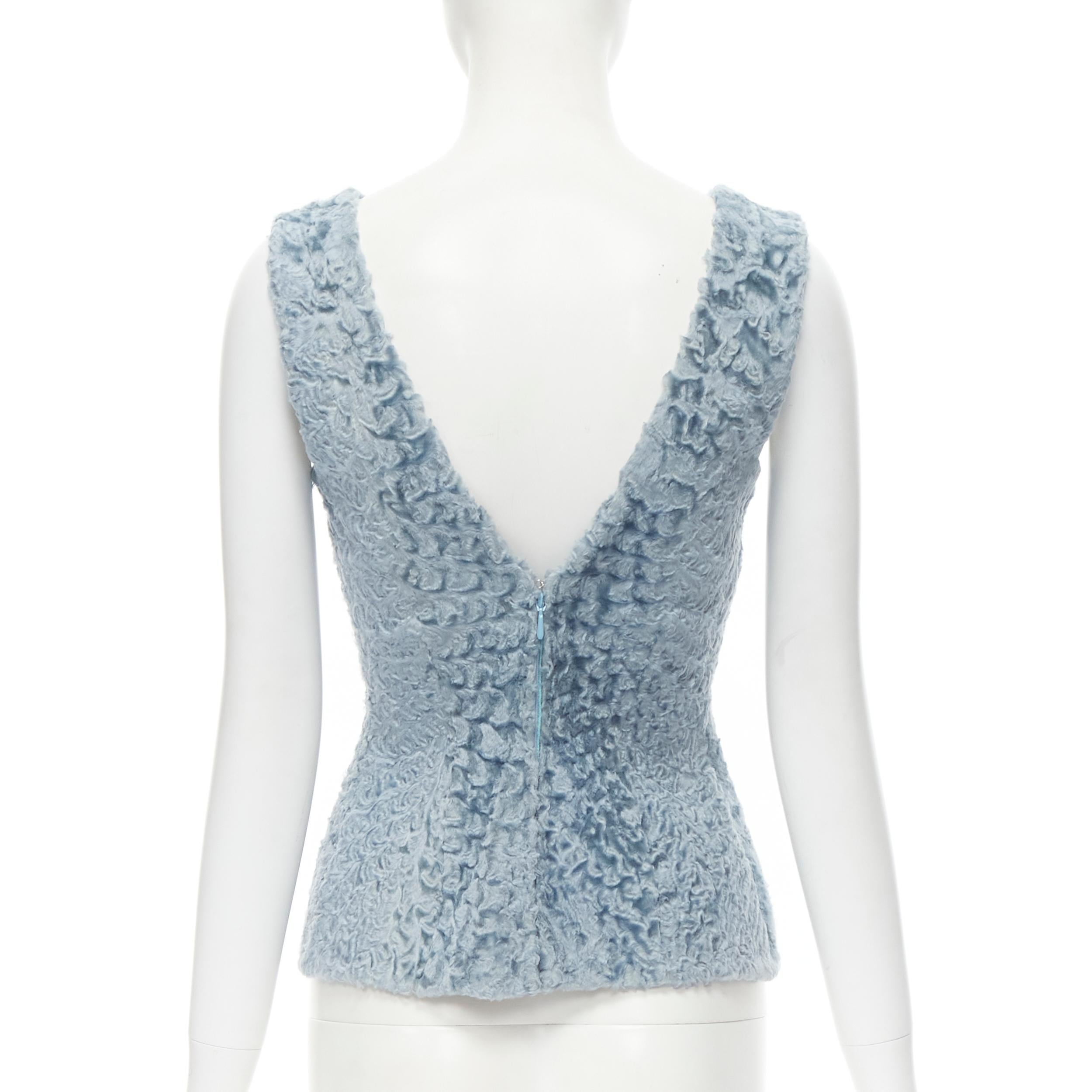 Women's vintage DOLCE GABBANA blue lamb shearling fur V-neck fitted vest top IT38 XS