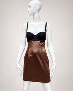 Vintage Dolce & Gabbana Bronze Satin Black Lace Bustier Mini Dress