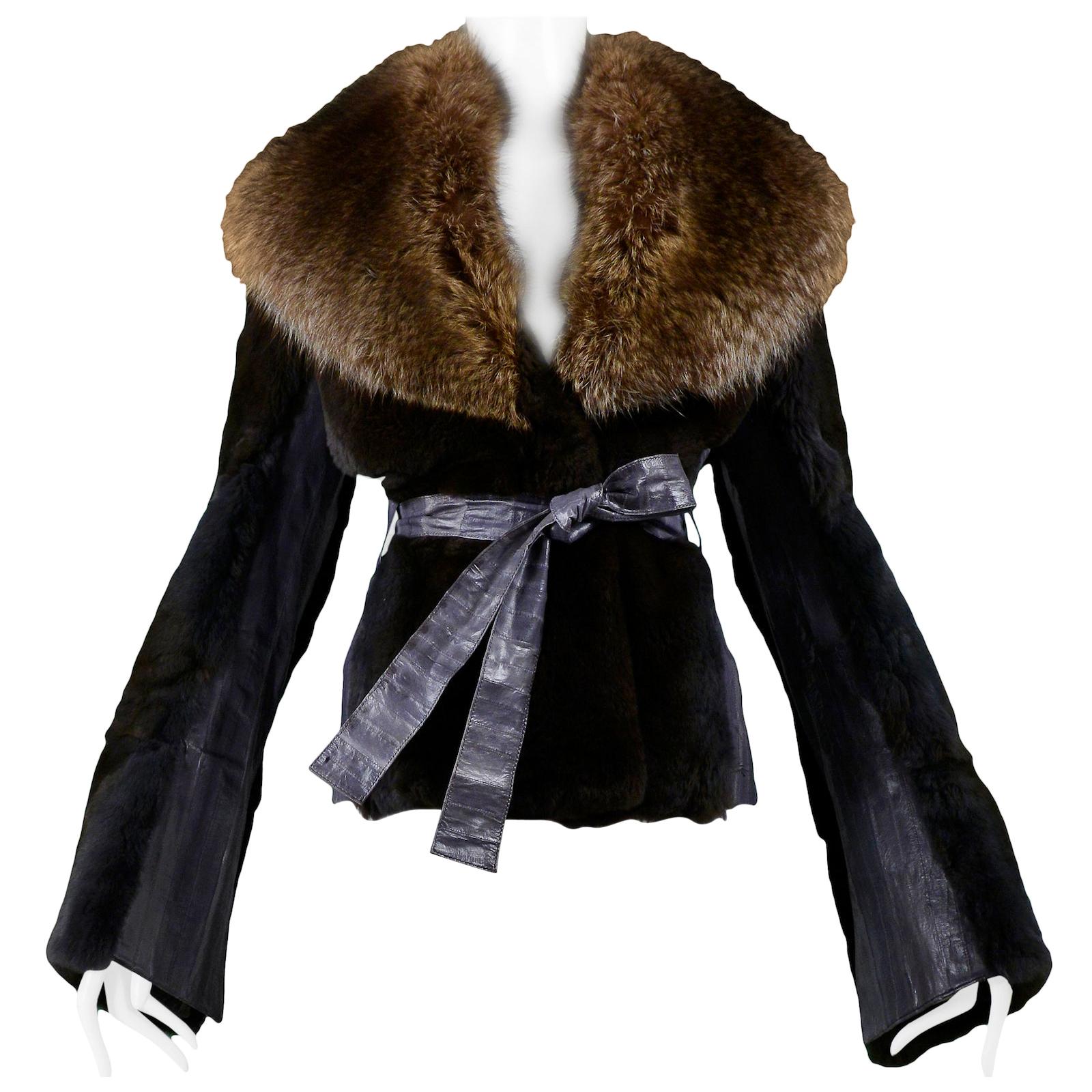 Vintage Dolce & Gabbana Brown Mink Fur Jacket with Fur Collar and Belt 2004 For Sale