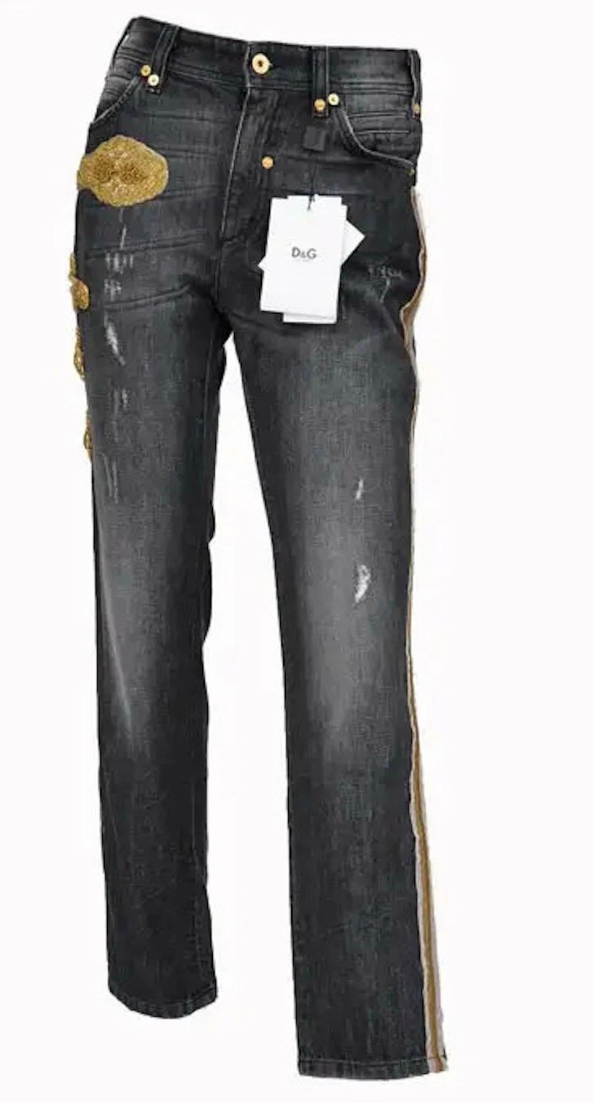 Women's Vintage Dolce & Gabbana Fall 2009 Runway Military-Inspired Embroidered Jeans For Sale