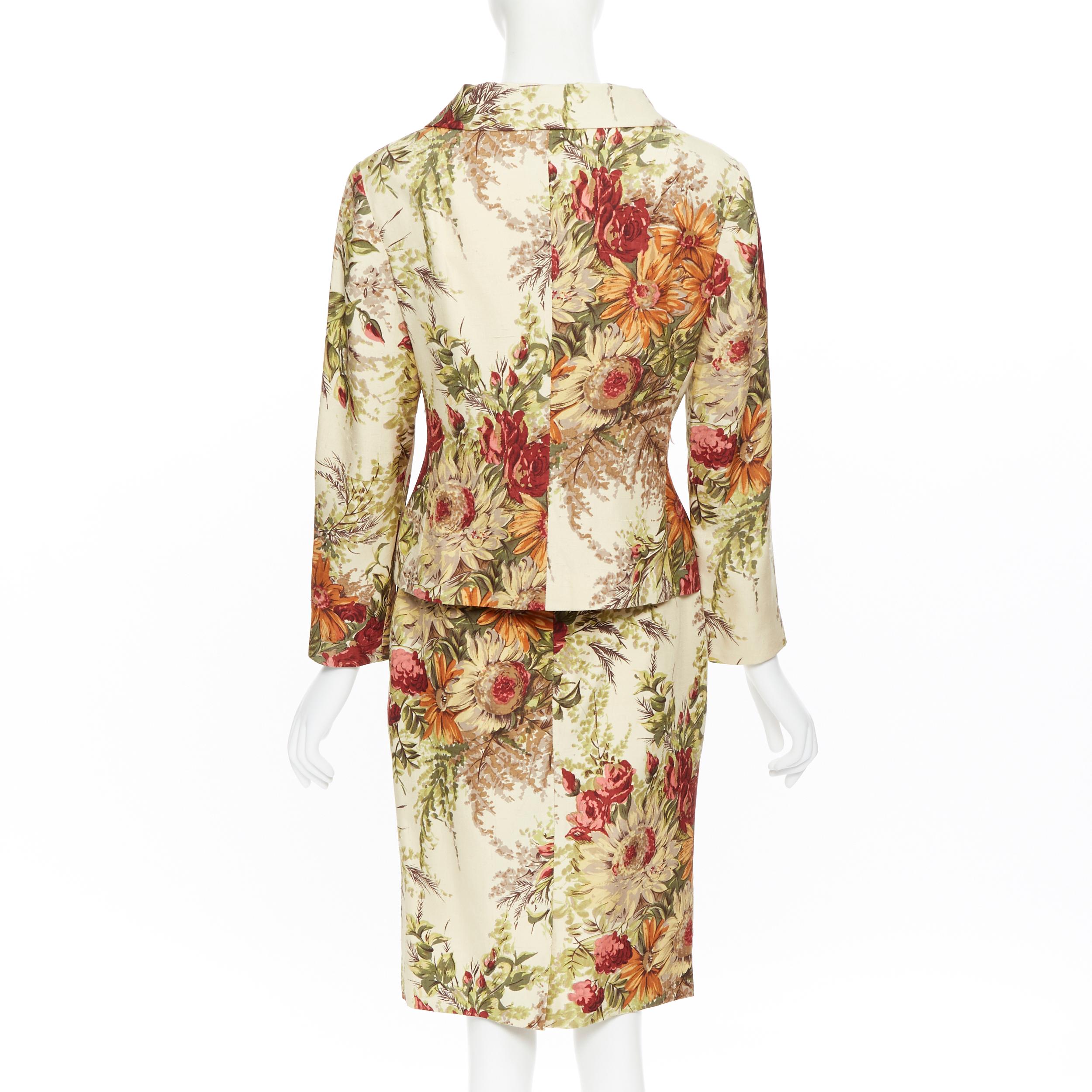 Beige vintage DOLCE GABBANA floral illustration print raw linen jacket skirt suit IT42