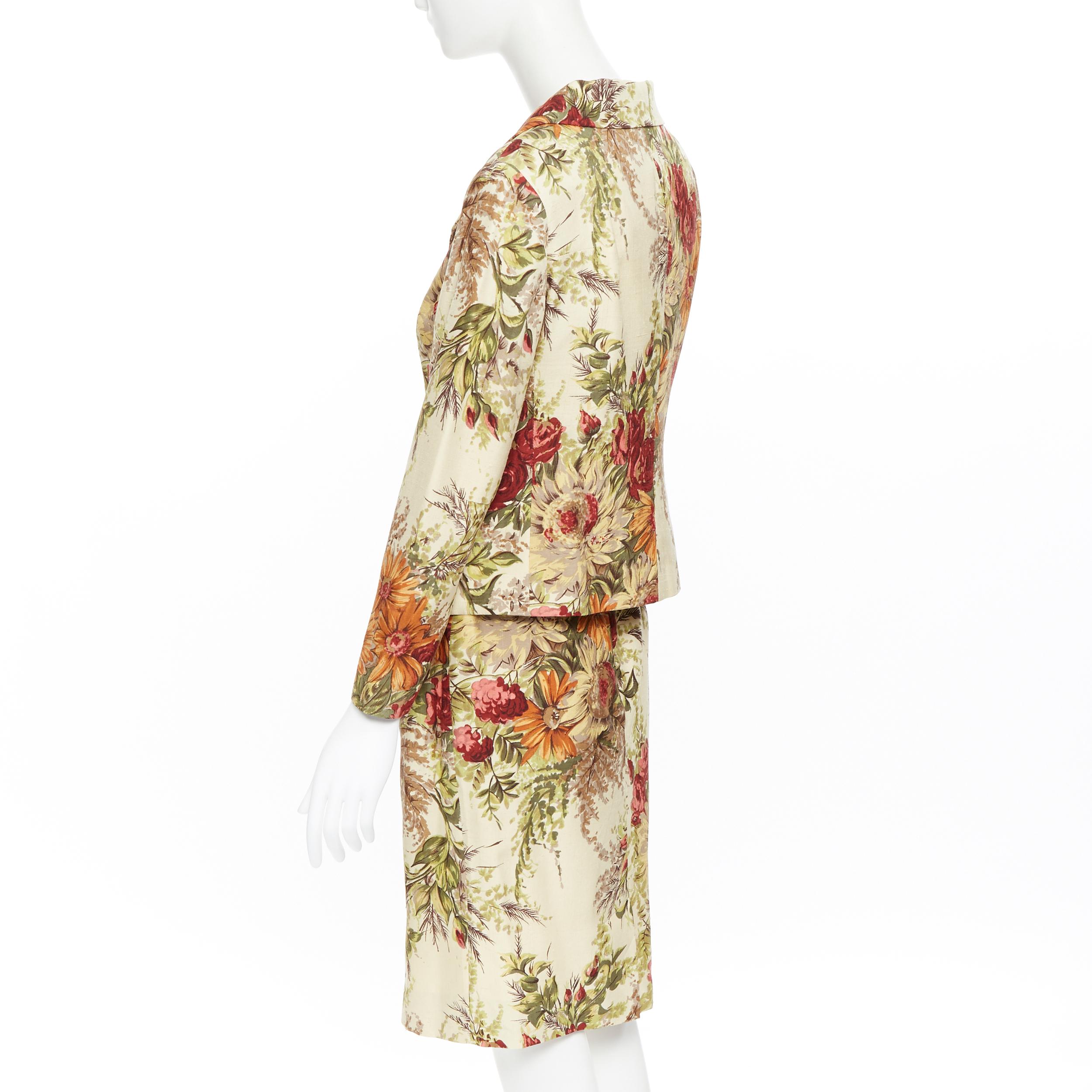 vintage DOLCE GABBANA floral illustration print raw linen jacket skirt suit IT42 In Excellent Condition In Hong Kong, NT