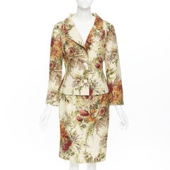 vintage DOLCE GABBANA floral illustration print raw linen jacket skirt suit IT42
