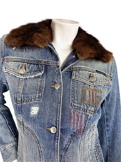 Vintage Dolce & Gabbana Fur Collar Embroidered Distressed Denim Jacket IT 42