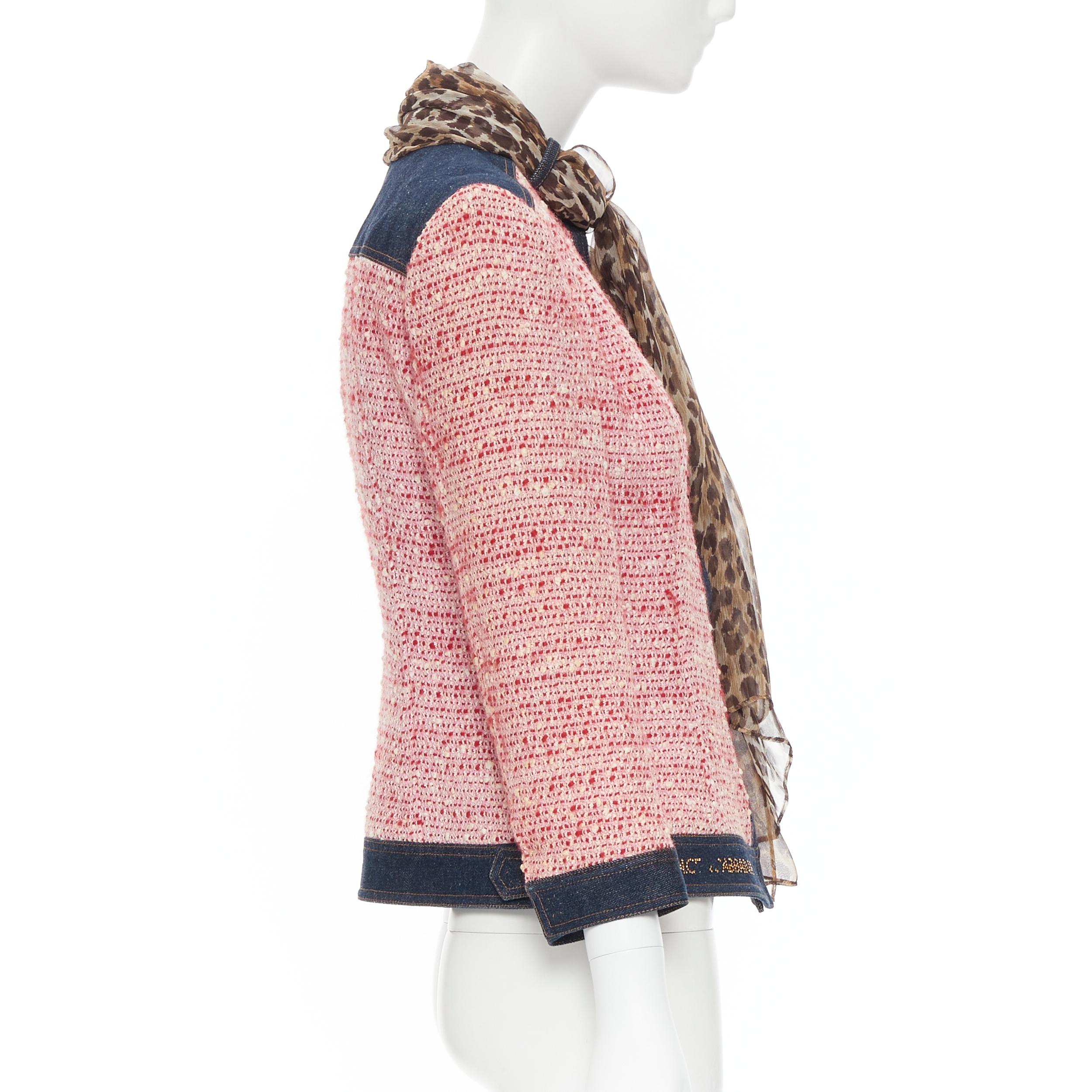 Brown vintage DOLCE GABBANA pink tweed denim trimmed leopard scarf jacket IT42