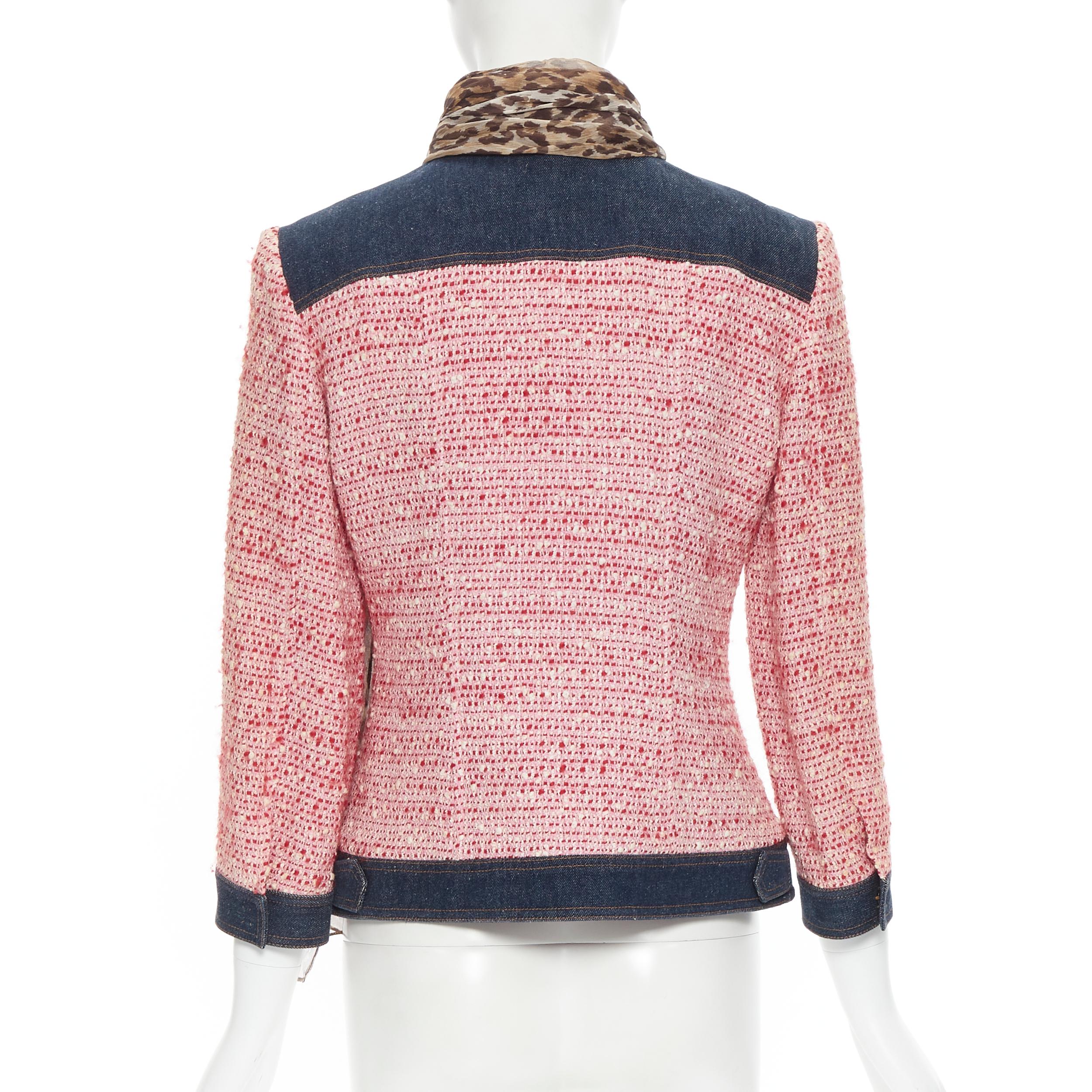 vintage DOLCE GABBANA pink tweed denim trimmed leopard scarf jacket IT42 In Good Condition In Hong Kong, NT