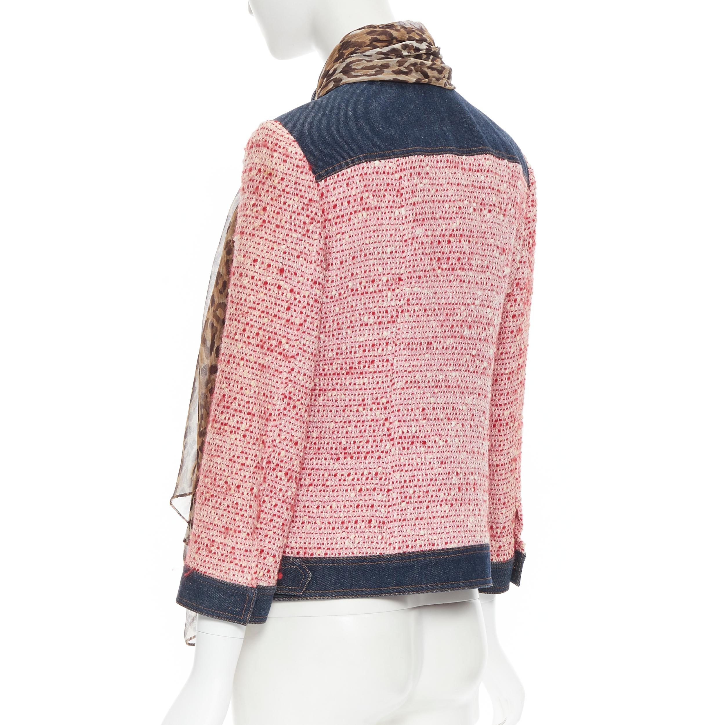 Women's vintage DOLCE GABBANA pink tweed denim trimmed leopard scarf jacket IT42