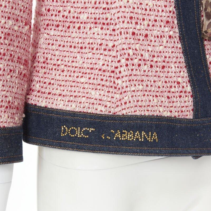 vintage DOLCE GABBANA giacca con sciarpa in tweed denim e leopardo IT42 in vendita 2