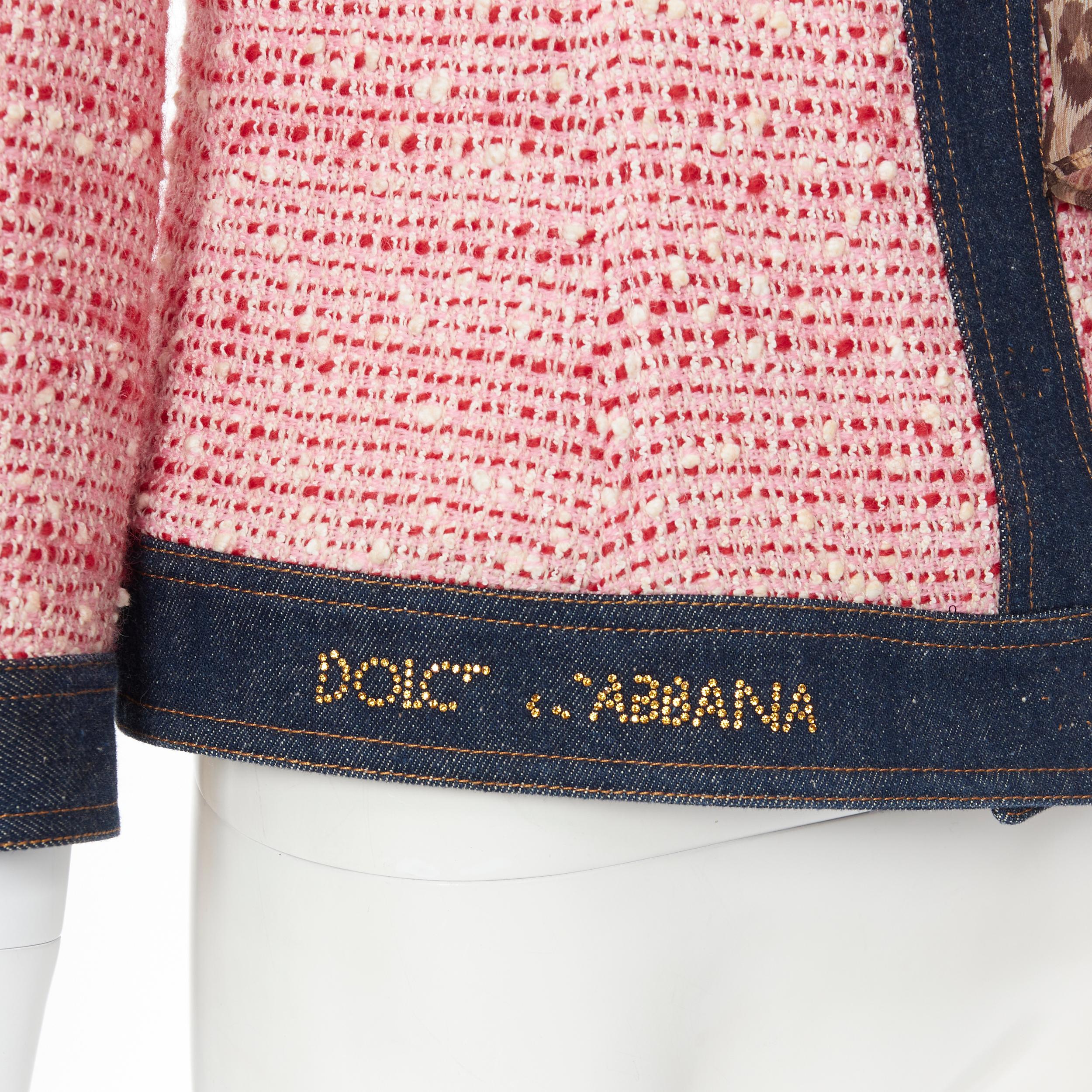 vintage DOLCE GABBANA pink tweed denim trimmed leopard scarf jacket IT42 1