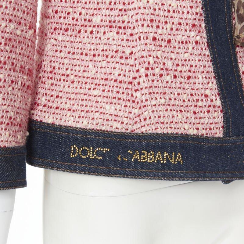 DOLCE GABBANA - Veste écharpe vintage en tweed rose garnie de léopard IT42 en vente 2