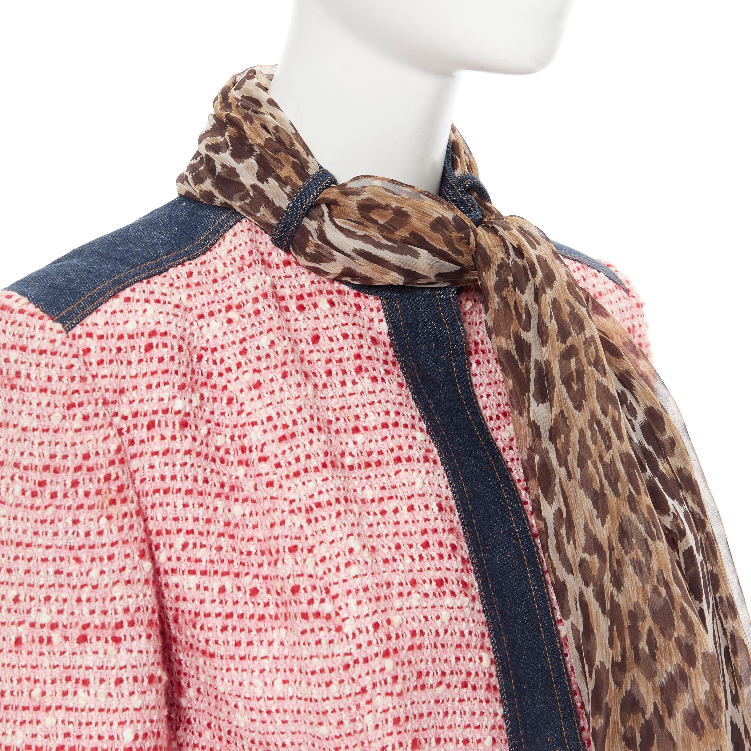 vintage DOLCE GABBANA pink tweed denim trimmed leopard scarf jacket IT42 2