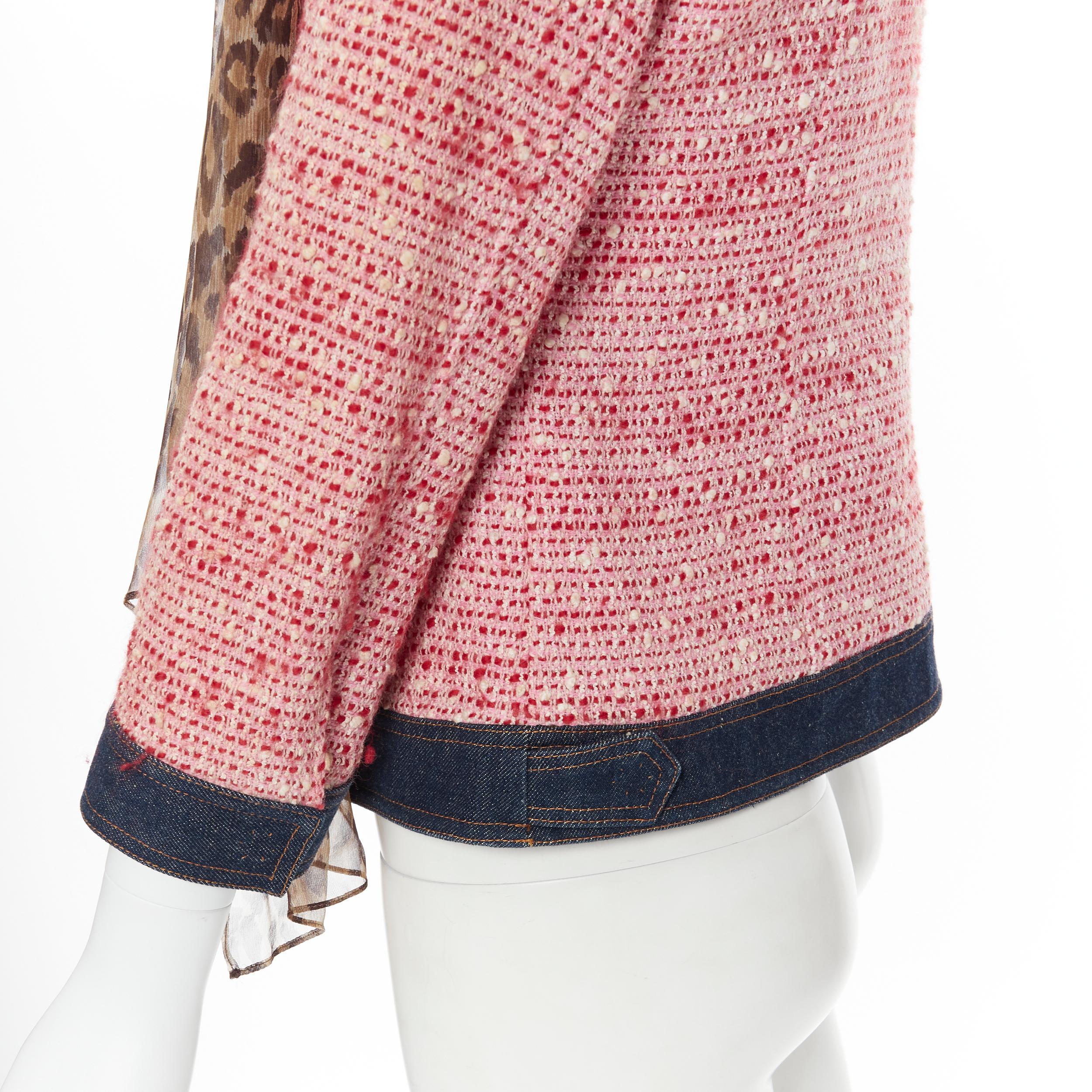 vintage DOLCE GABBANA pink tweed denim trimmed leopard scarf jacket IT42 3