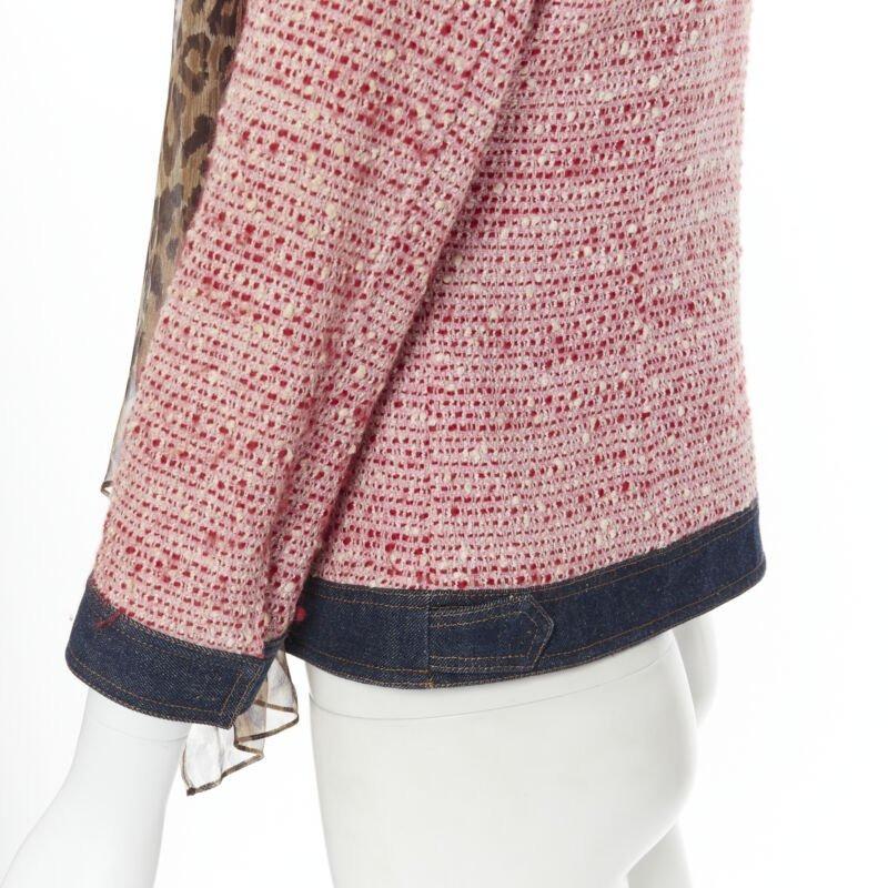 DOLCE GABBANA - Veste écharpe vintage en tweed rose garnie de léopard IT42 en vente 4