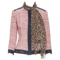 vintage DOLCE GABBANA pink tweed denim trimmed leopard scarf jacket IT42