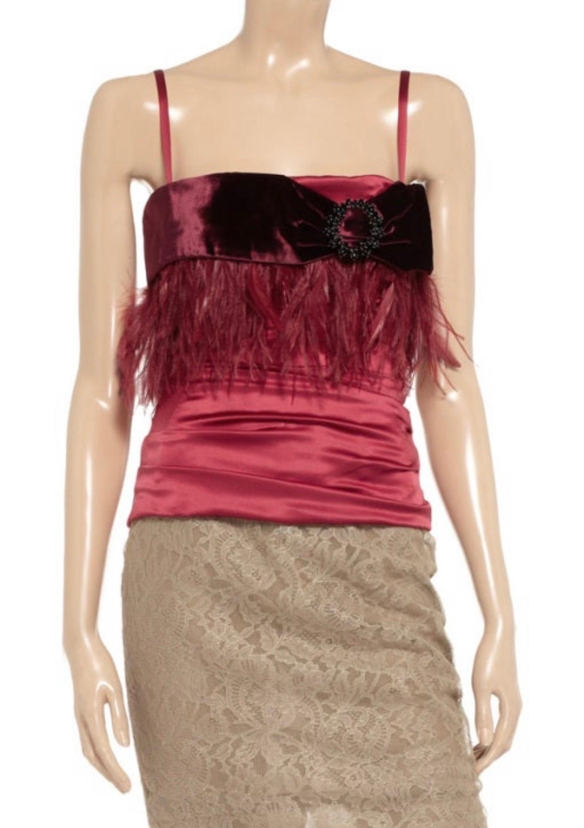 Dolce & Gabbana Red Embellished Corset Top

Dolce & Gabbana deep-red top
Stretch-silk satin
Velvet trim, crystal and feather embellishment, internal molded bra, internal boning
Exposed zip fastening through back
86% silk, 4% spandex, 10% feathers