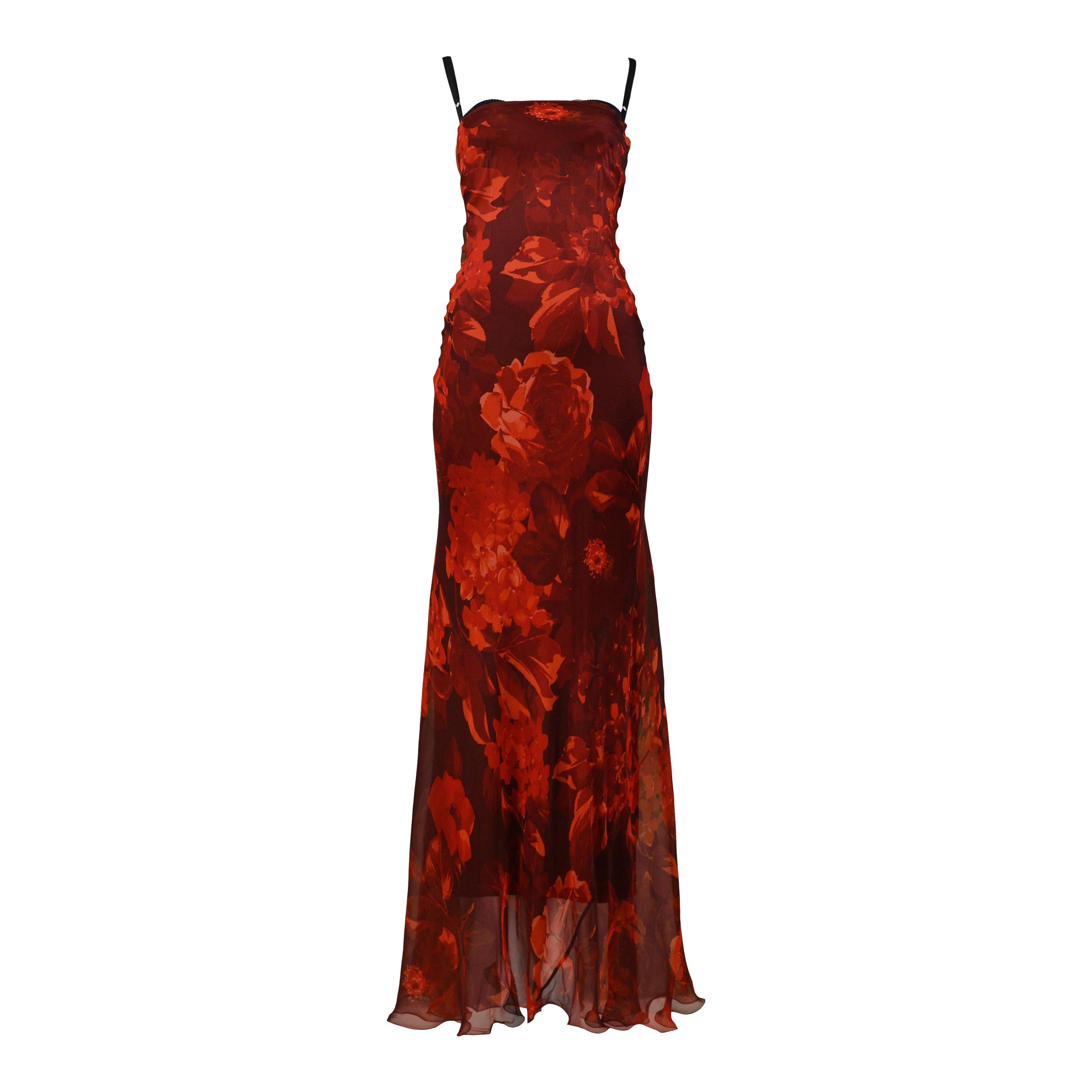 Vintage Dolce & Gabbana Red Floral Silk Evening Gown