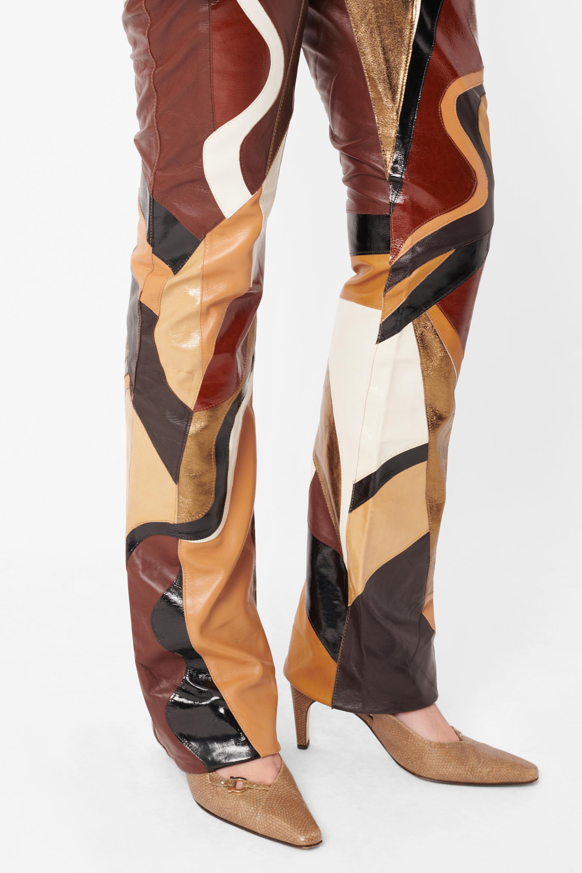 Vintage Dolce & Gabbana S/S 2002 Runway Brown Patchwork Leather Trousers In Excellent Condition For Sale In London, GB