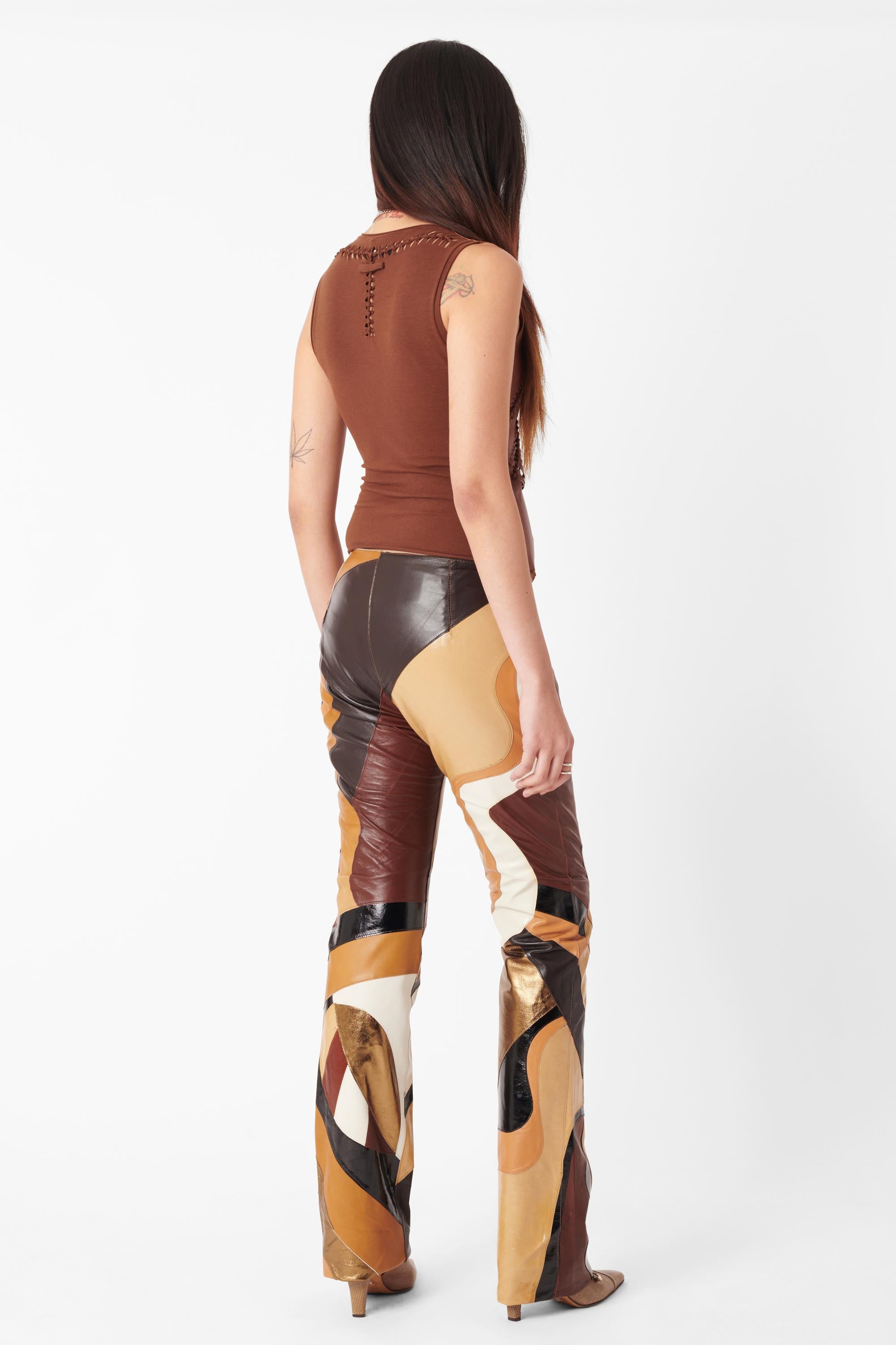 Women's Vintage Dolce & Gabbana S/S 2002 Runway Brown Patchwork Leather Trousers For Sale
