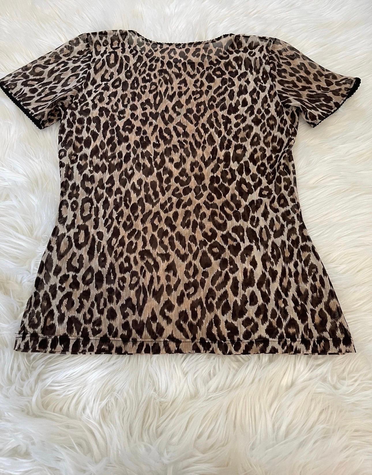 Women's or Men's Vintage Dolce & Gabbana Sheer Cheetah Print Ruffle Lace See Through T Shirt Top For Sale
