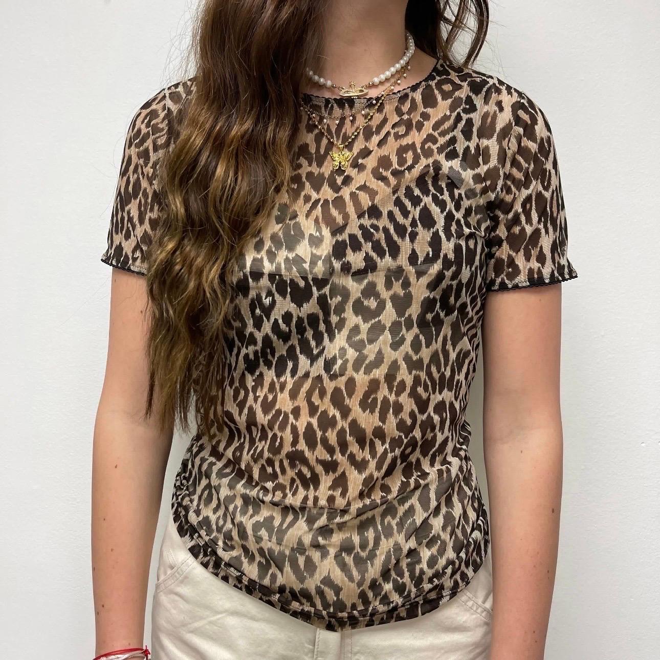 Vintage Dolce & Gabbana Sheer Cheetah Print Ruffle Lace See Through T Shirt Top For Sale 1