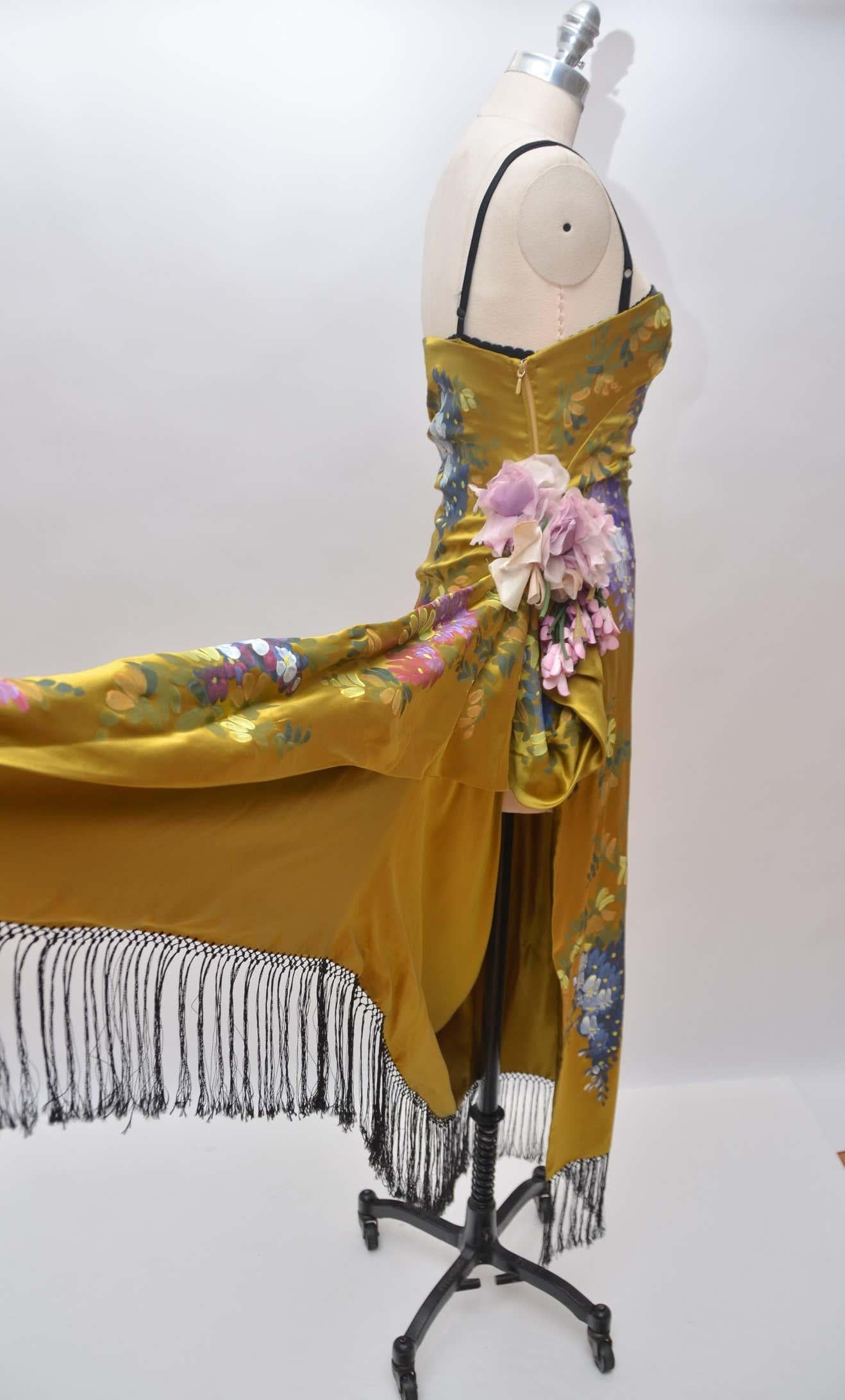 Vintage Dolce & Gabbana 1998 Silk Hand Painted Dress Flowers & Birds In Excellent Condition For Sale In New York, NY
