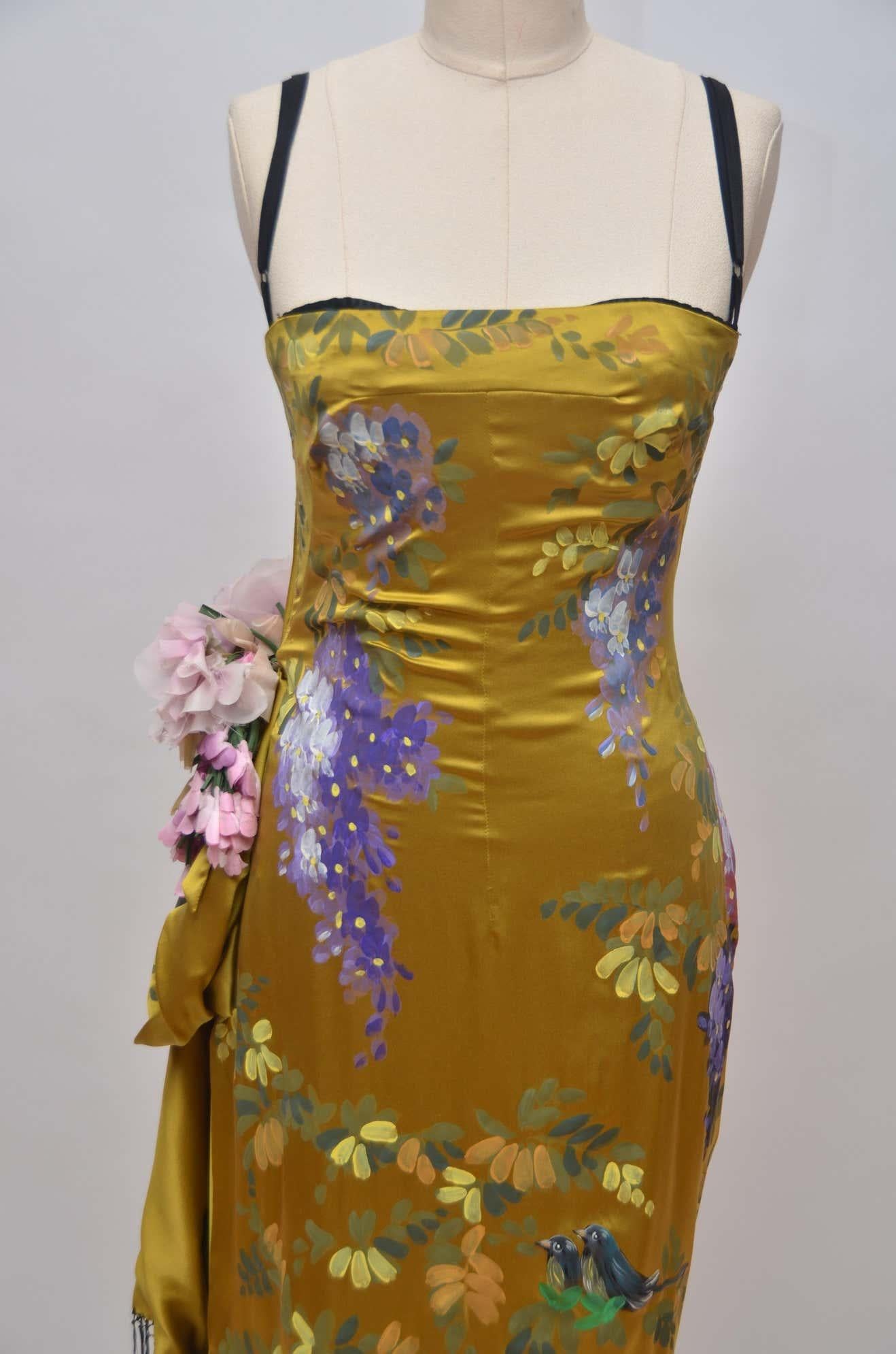 Robe vintage Dolce & Gabbana en soie peinte à la main, fleurs et oiseaux, 1998 en vente 1