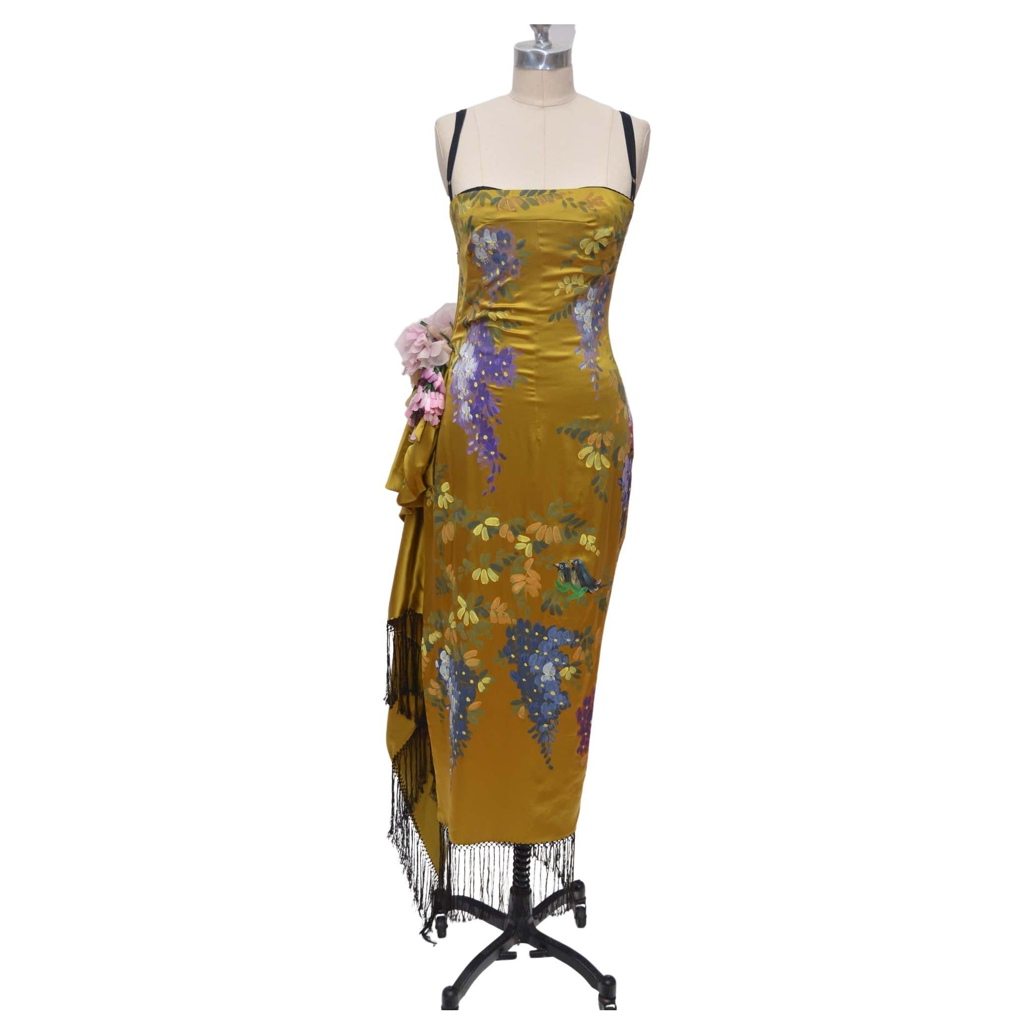 Vintage Dolce & Gabbana 1998 Silk Hand Painted Dress Flowers & Birds For Sale