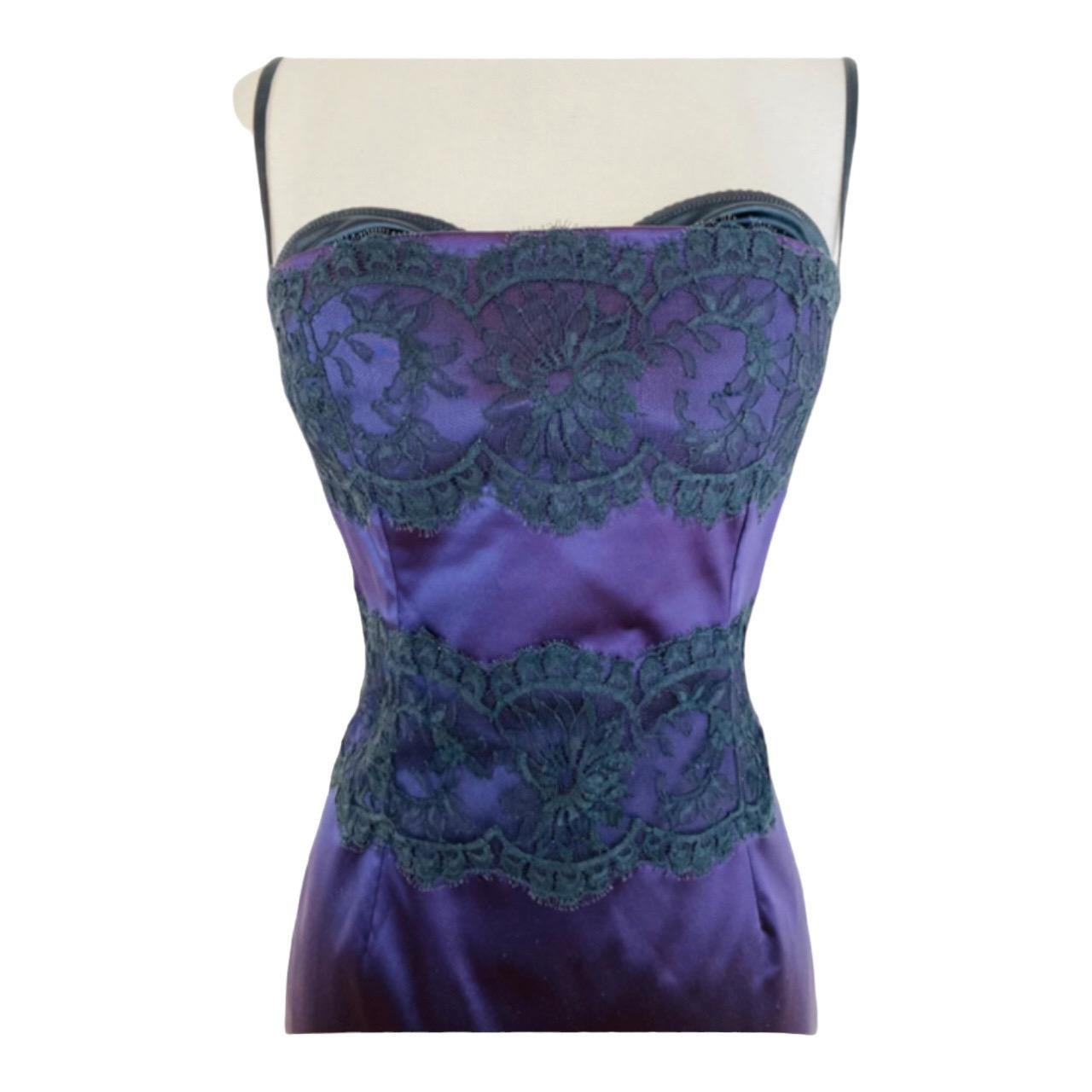 Women's Vintage Dolce + Gabbana Silk Satin Deep Purple + Black Lace Built in Bra Dress For Sale