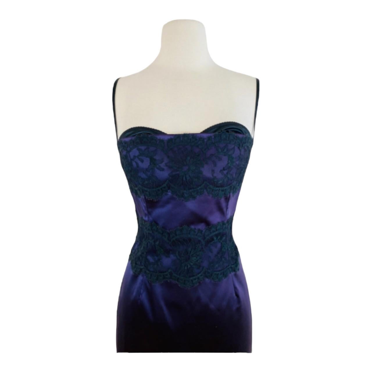 Vintage Dolce + Gabbana Silk Satin Deep Purple + Black Lace Built in Bra Dress For Sale 1