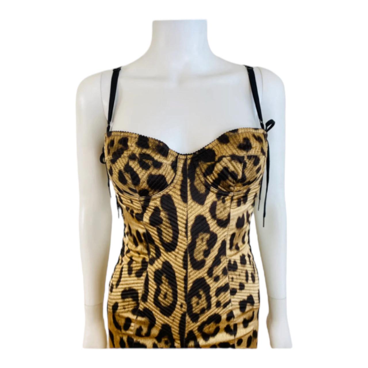 Women's Vintage Dolce + Gabbana Stretch Silk Animal Leopard Print Corset Lace Up Dress For Sale