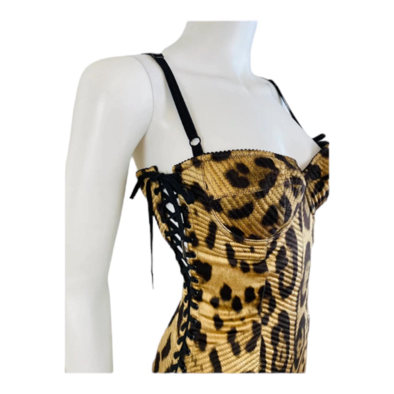 Vintage Dolce + Gabbana Stretch Silk Animal Leopard Print Corset Lace Up Dress For Sale 1