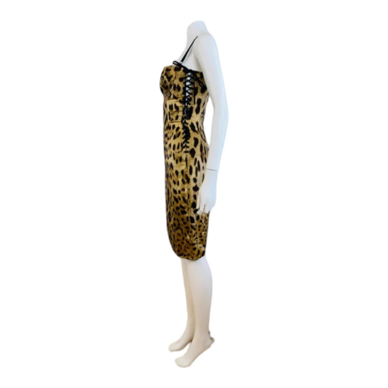 Vintage Dolce + Gabbana Stretch Silk Animal Leopard Print Corset Lace Up Dress For Sale 3