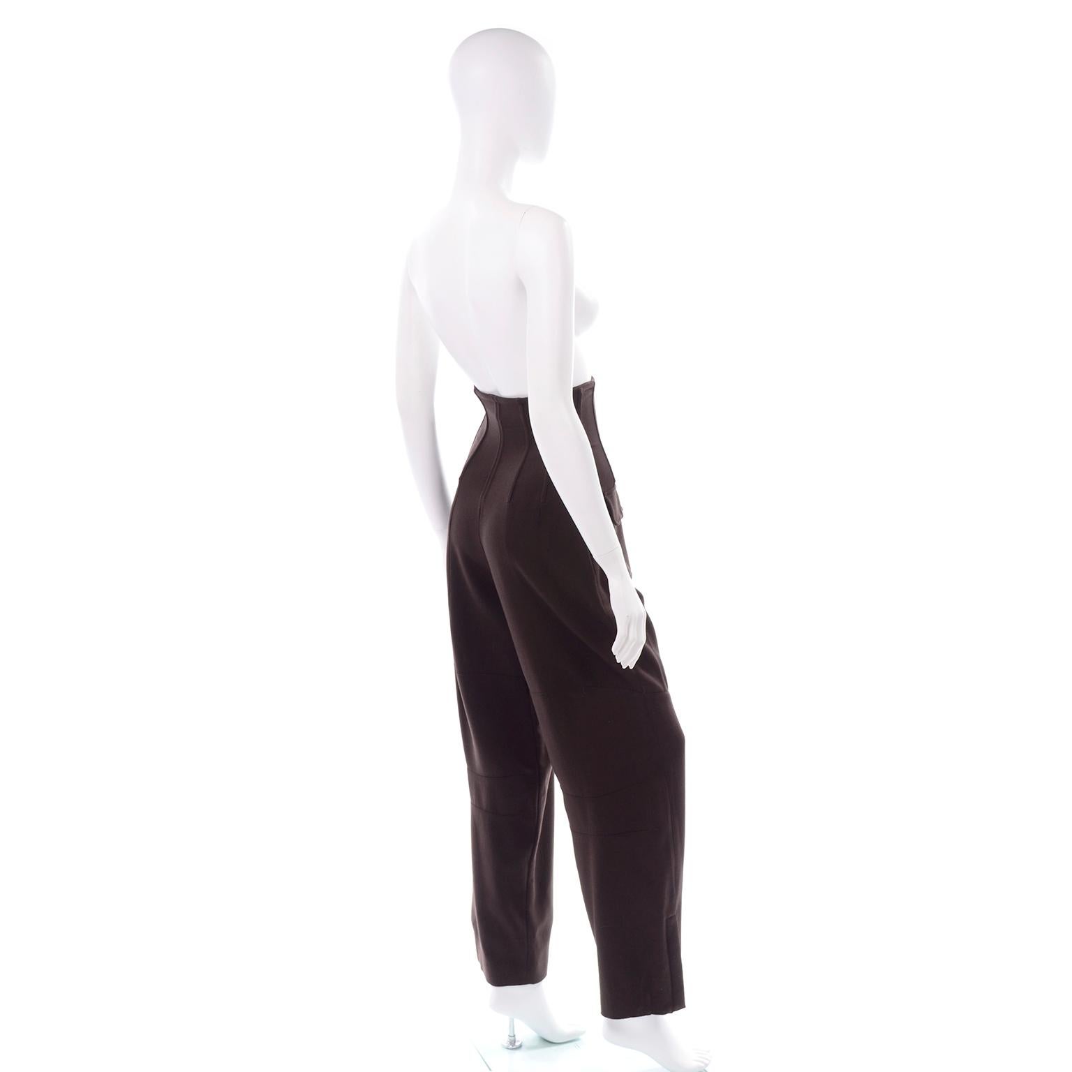 Black Vintage Dolce & Gabbana Ultra High Corset Waist Brown Wool Trousers Pants