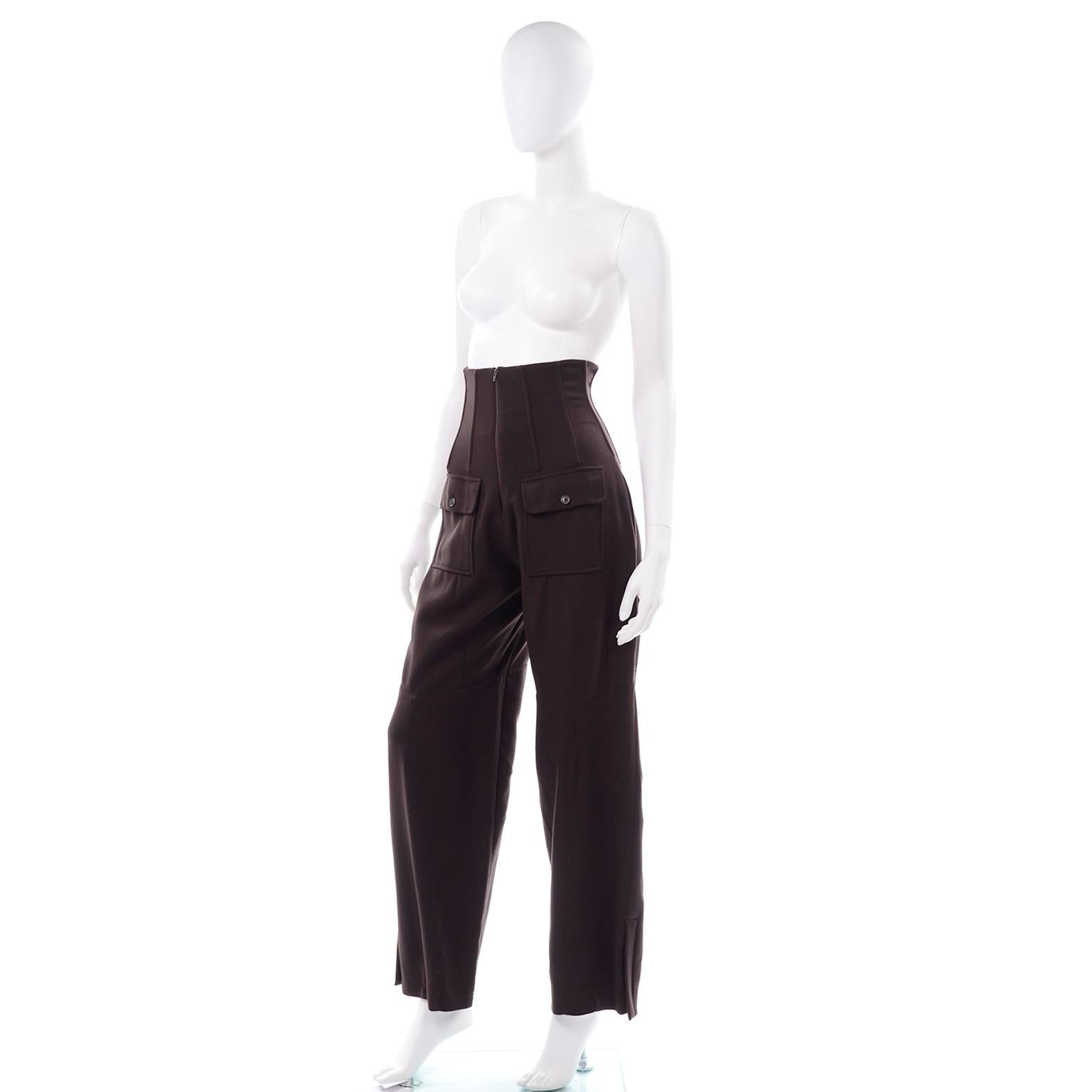 Vintage Dolce & Gabbana Ultra High Corset Waist Brown Wool Trousers Pants 1