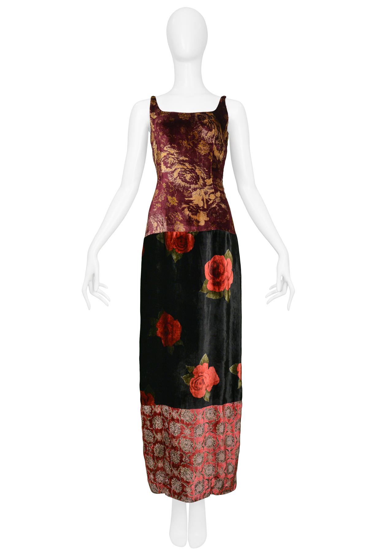 Vintage Dolce & Gabbana burgundy, red, and black floral and baroque printed velvet patchwork gown. Features a jeweled detail at shoulder straps, an open back, and gathers at back skirt.

Excellent Vintage Condition.

Size: 40

Measurements:
Bust