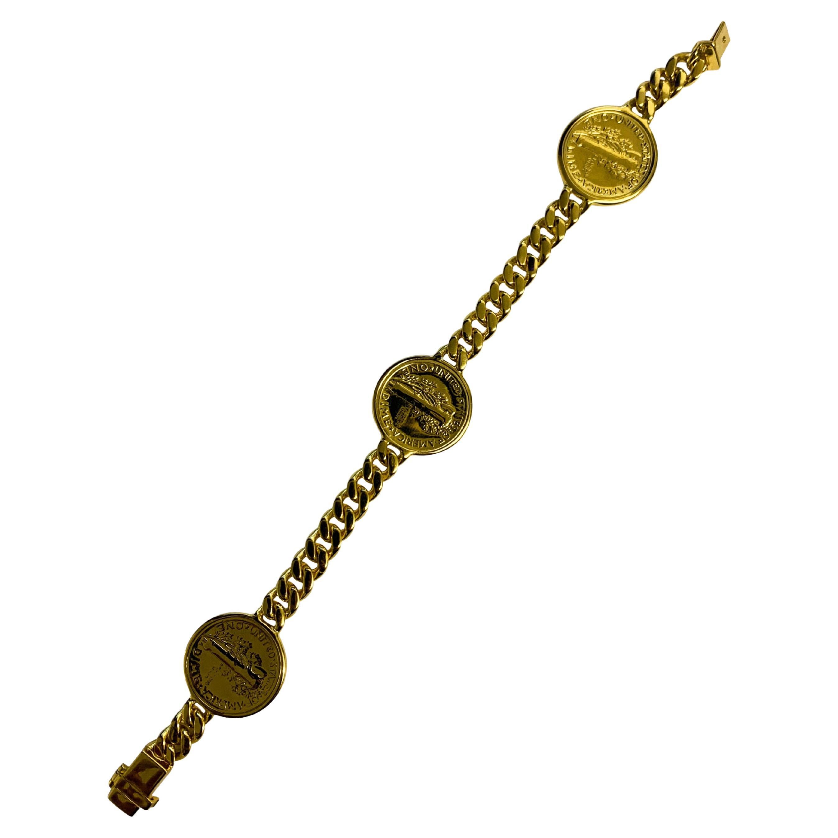 Gelbgold Vermeil Sterlingsilber Kette Armband mit Dollarmünze-Gliederarmband im Zustand „Neu“ im Angebot in Oakton, VA