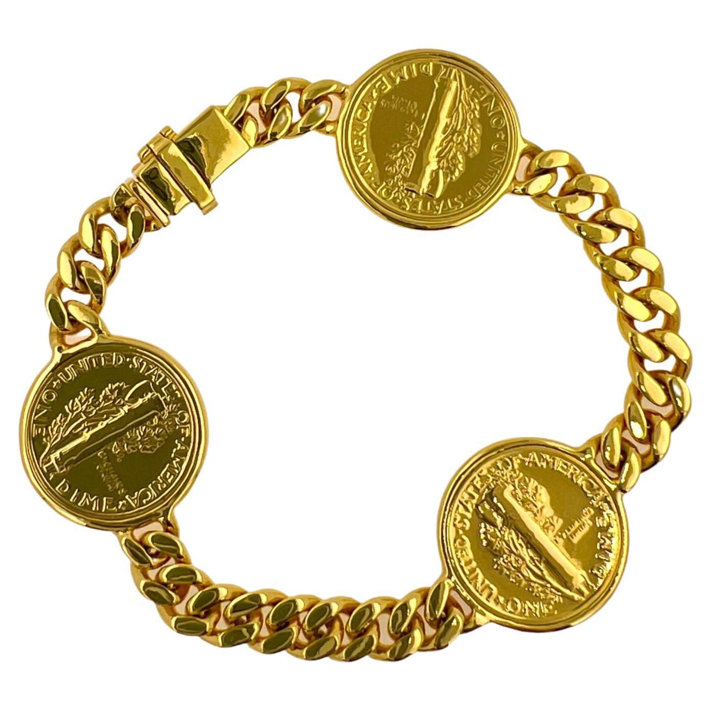 Gelbgold Vermeil Sterlingsilber Kette Armband mit Dollarmünze-Gliederarmband (Retro) im Angebot