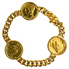 Vintage Dollar Coin Curb Link Yellow Gold Vermeil Sterling Silver Chain Bracelet