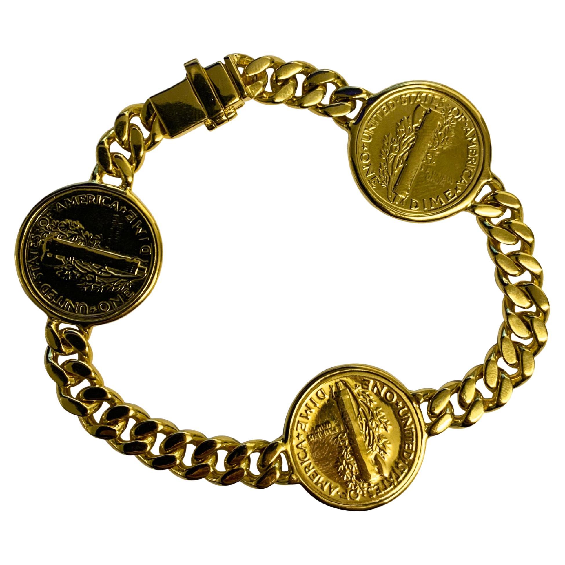 Retro Vintage Dollar Coin Curb Link Yellow Gold Vermeil Sterling Silver Chain Bracelet For Sale