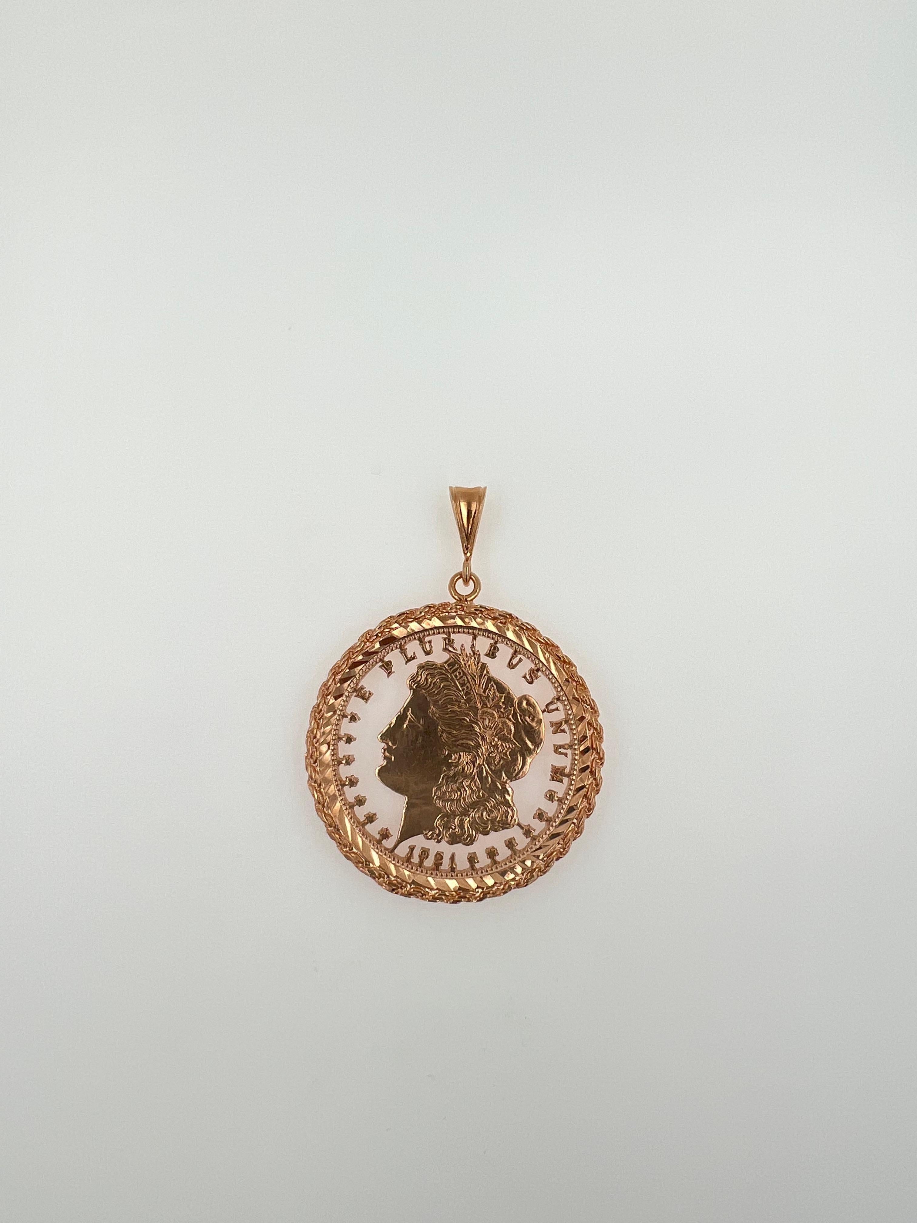Women's or Men's Vintage Dollar Coin Rose Gold Vermeil Sterling Silver Charm Medallion Pendant For Sale