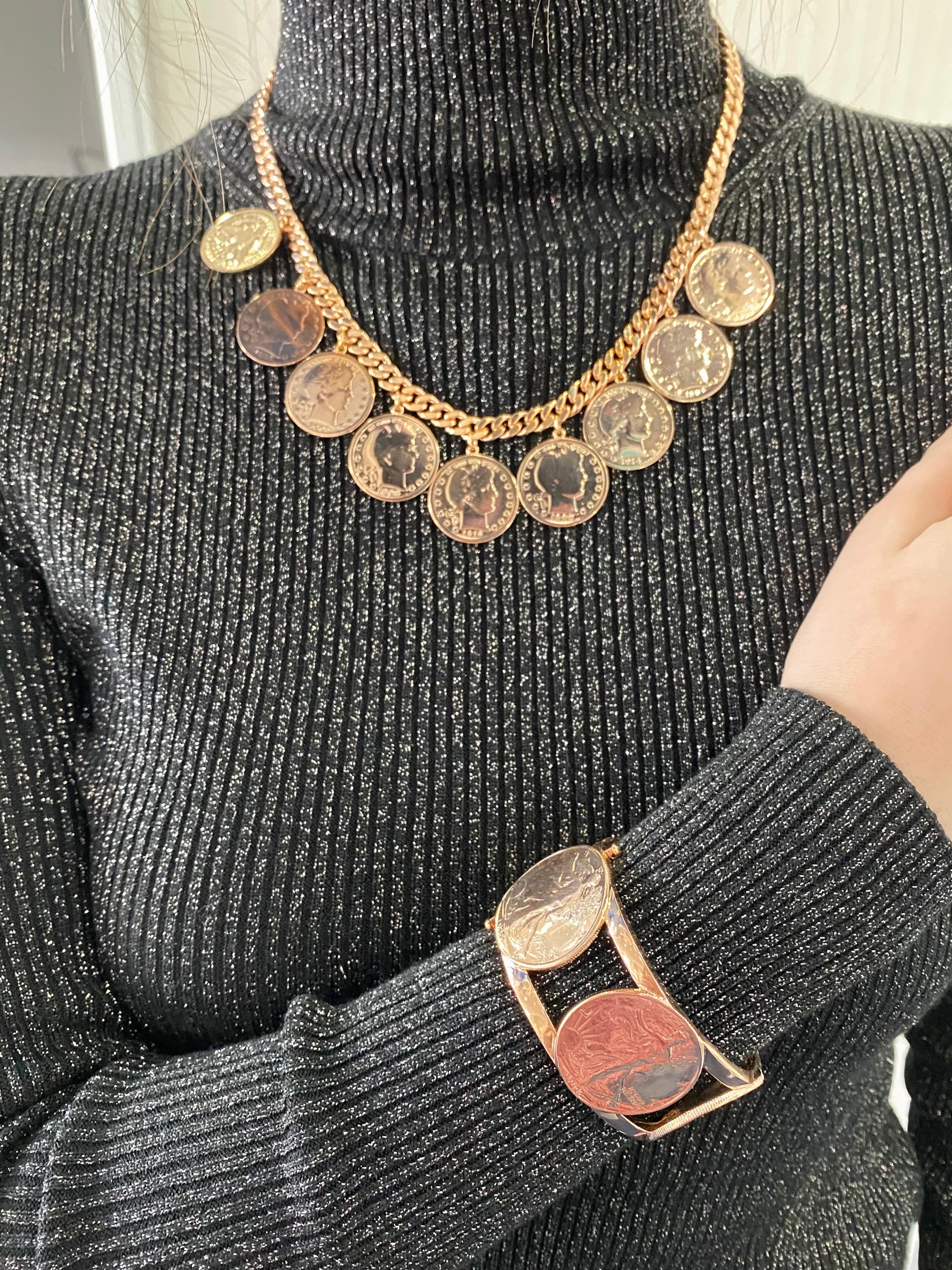 Vintage Dollar Coin Rose Gold Vermeil Sterling Silver Curb Link Chain Necklace Neuf - En vente à Oakton, VA