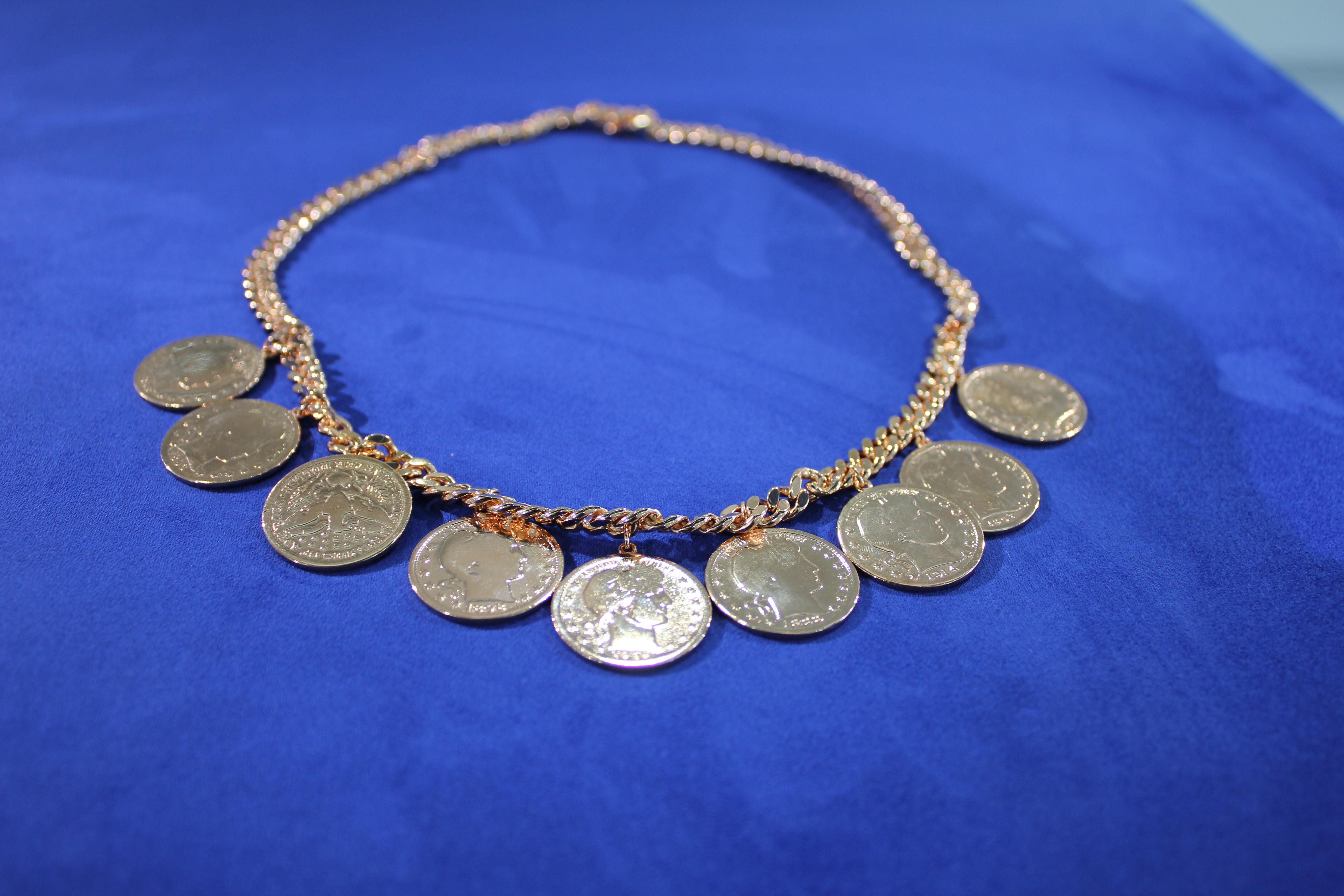 Vintage Dollar Coin Rose Gold Vermeil Sterling Silver Curb Link Chain Necklace For Sale 1