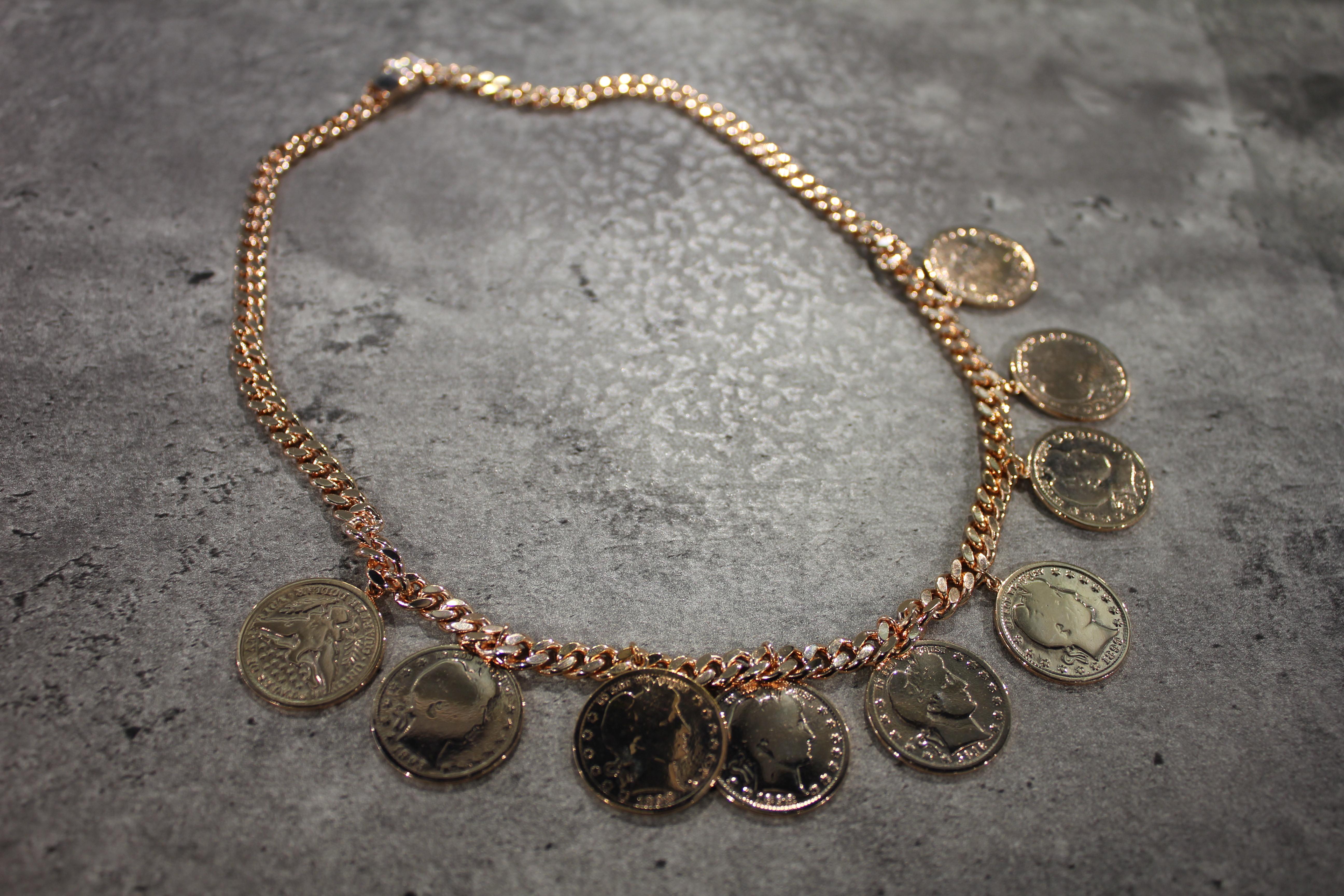 Vintage Dollar Coin Rose Gold Vermeil Sterling Silver Curb Link Chain Necklace For Sale 2