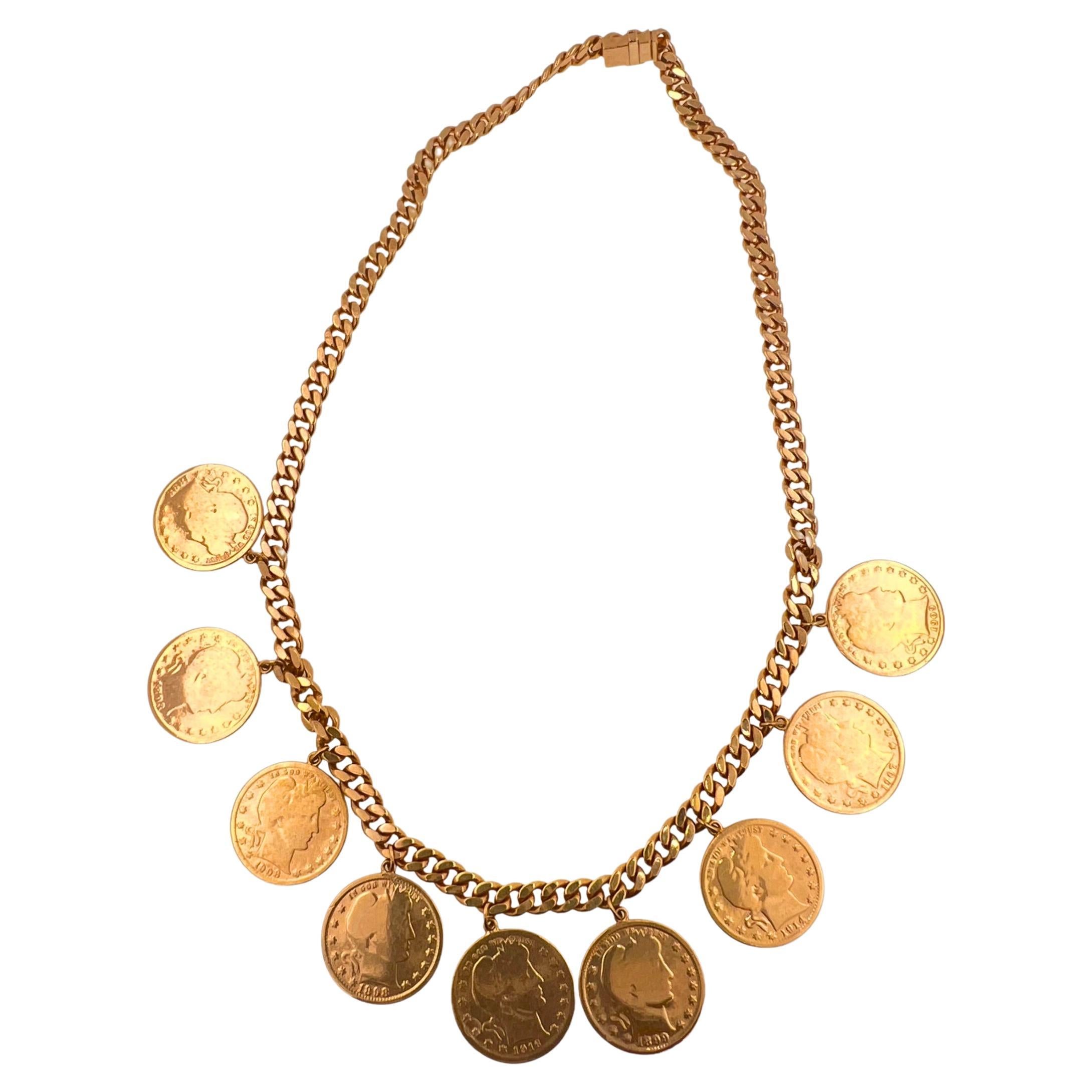 Vintage Dollar Coin Rose Gold Vermeil Sterling Silver Curb Link Chain Necklace For Sale