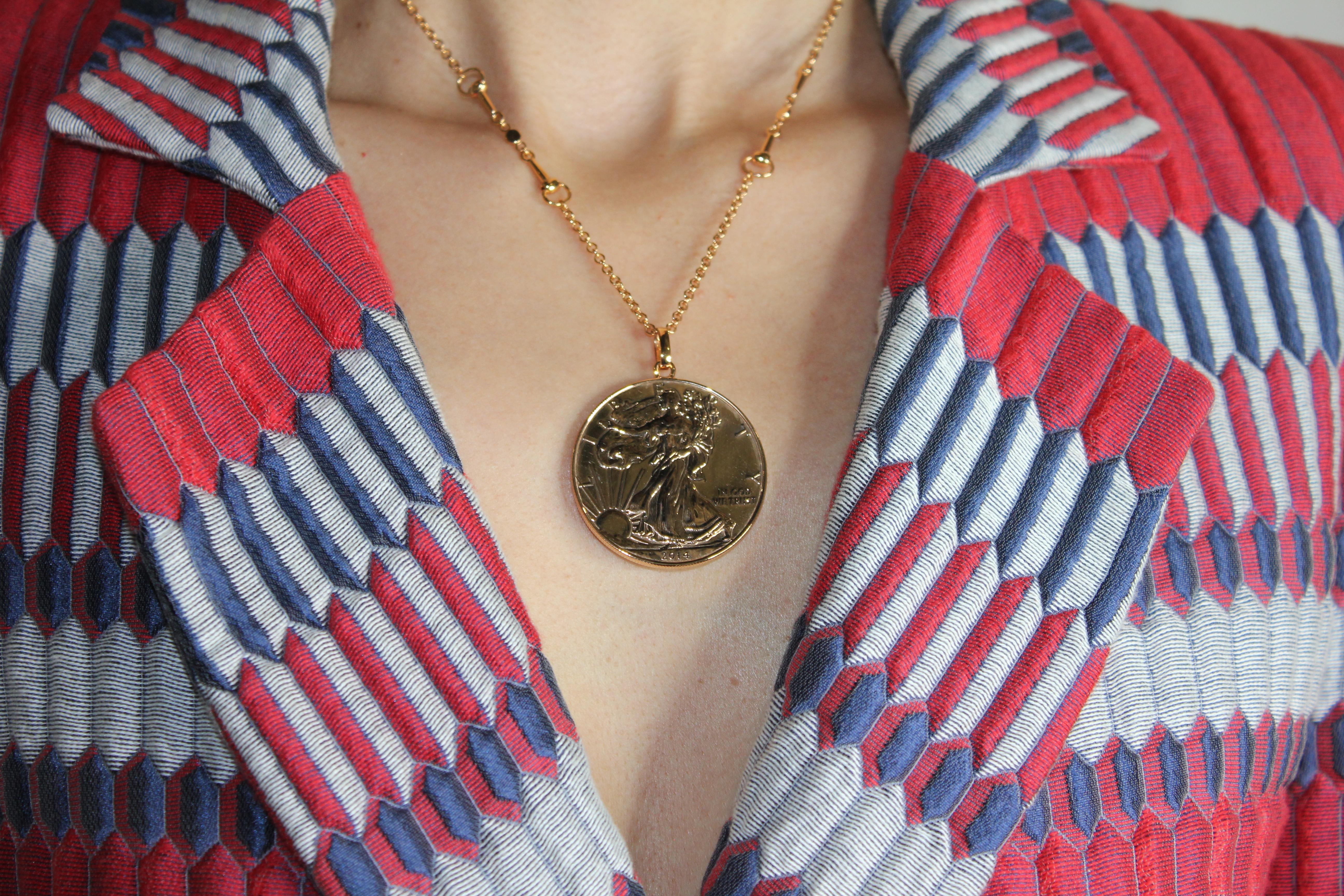 Women's or Men's Vintage Dollar Coin Rose Gold Vermeil Sterling Silver Medallion Pendant Necklace For Sale