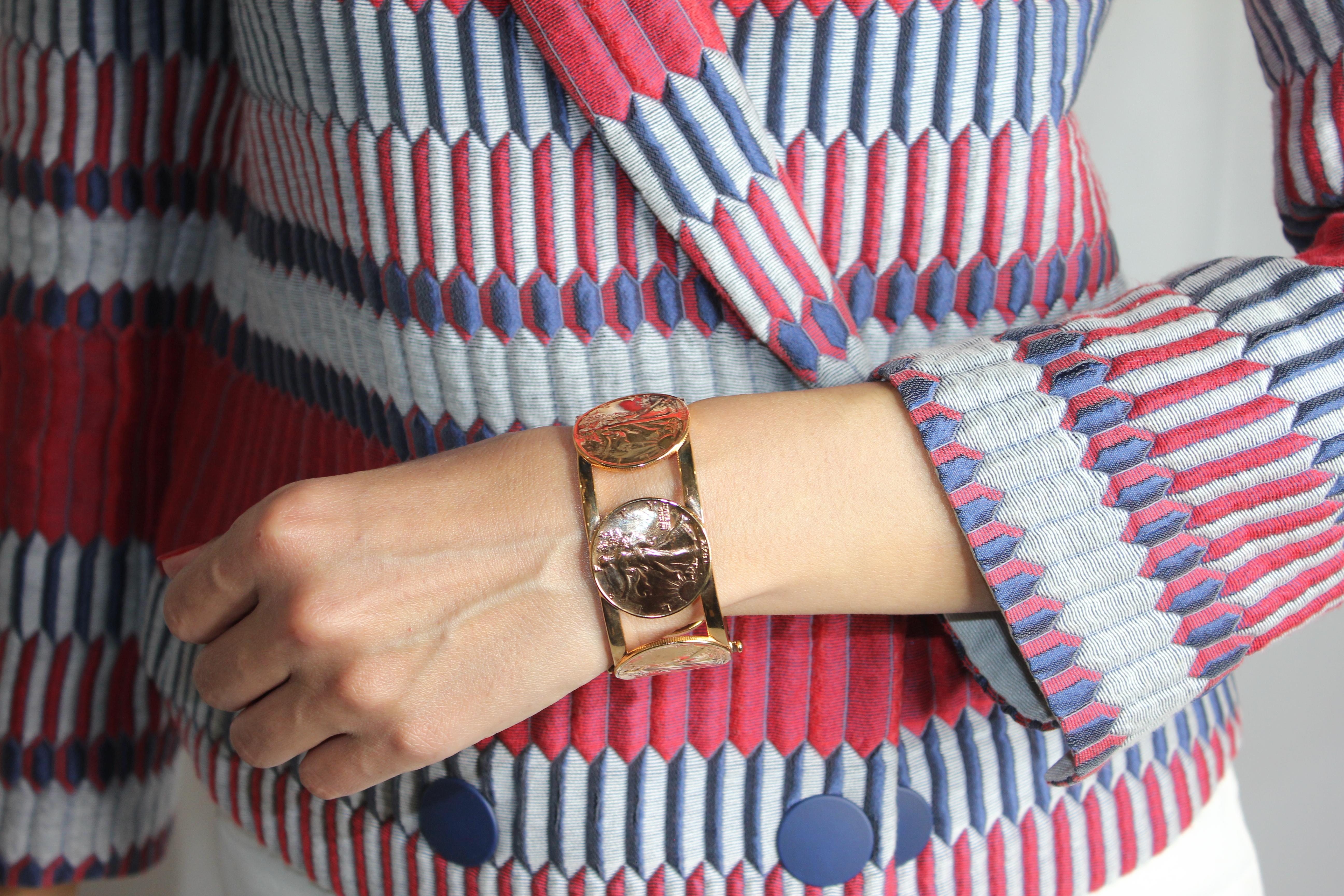 Women's or Men's Vintage Dollar Coin Rose Gold Vermeil Sterling Silver Wide Cuff Bangle Bracelet