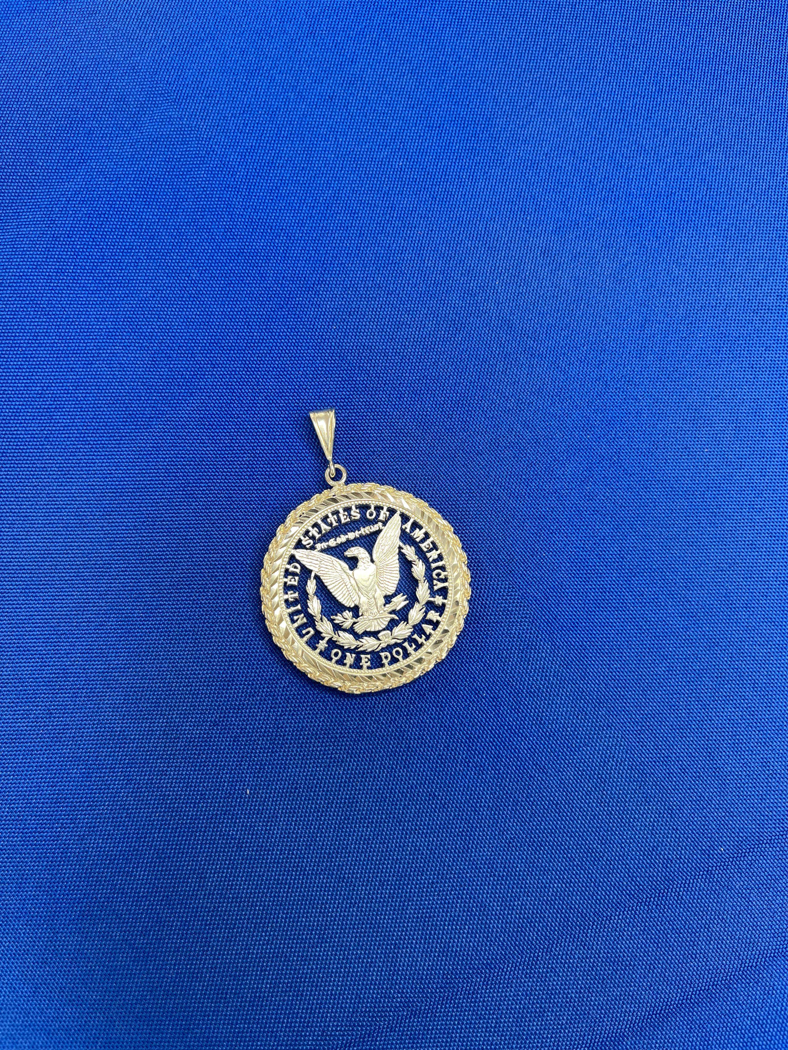 Retro Vintage Dollar Coin White Rhodium Plated Sterling Silver Charm Medallion Pendant For Sale