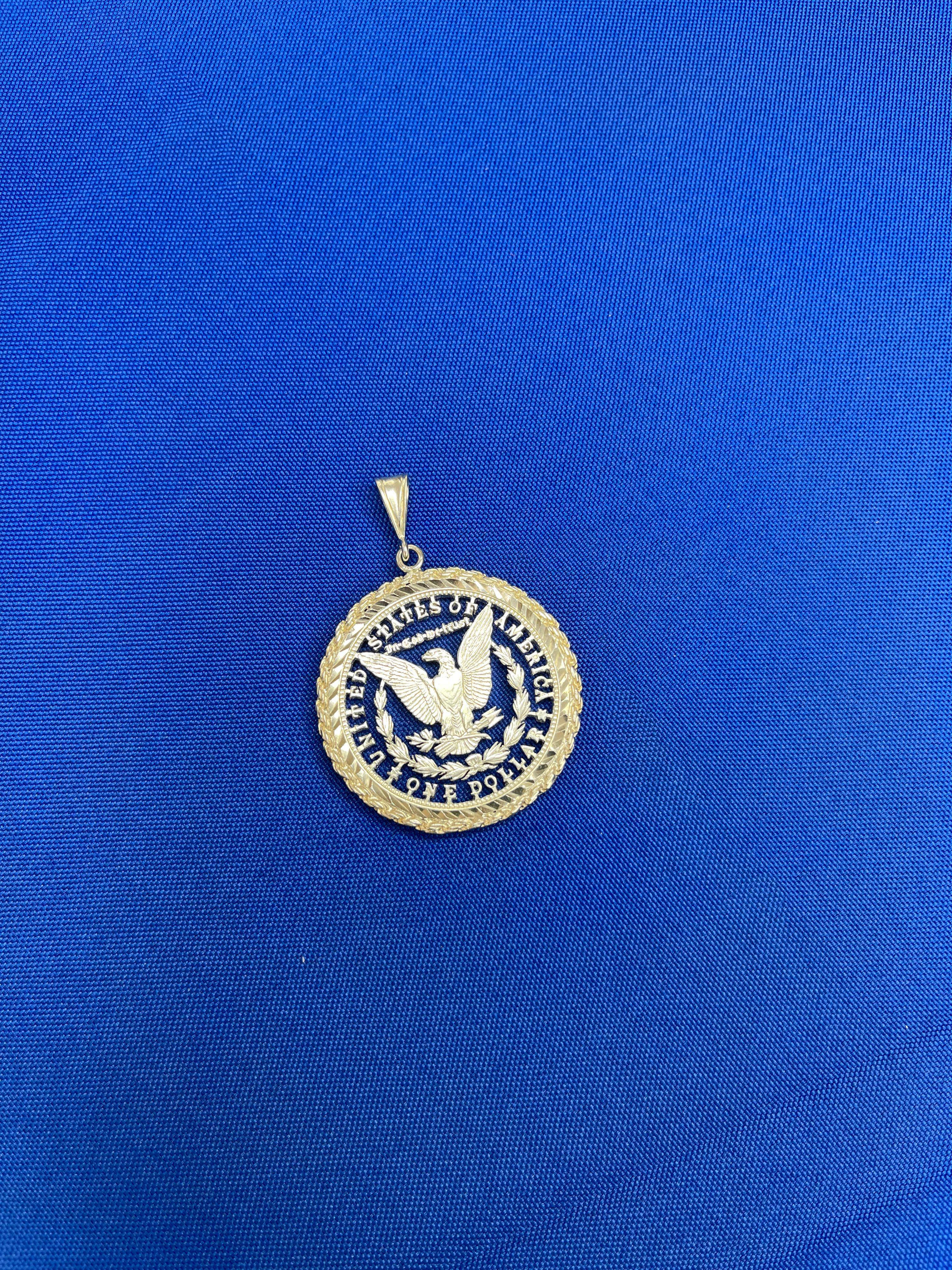 Vintage Dollar Coin White Rhodium Plated Sterling Silver Charm Medallion Pendant In New Condition For Sale In Oakton, VA